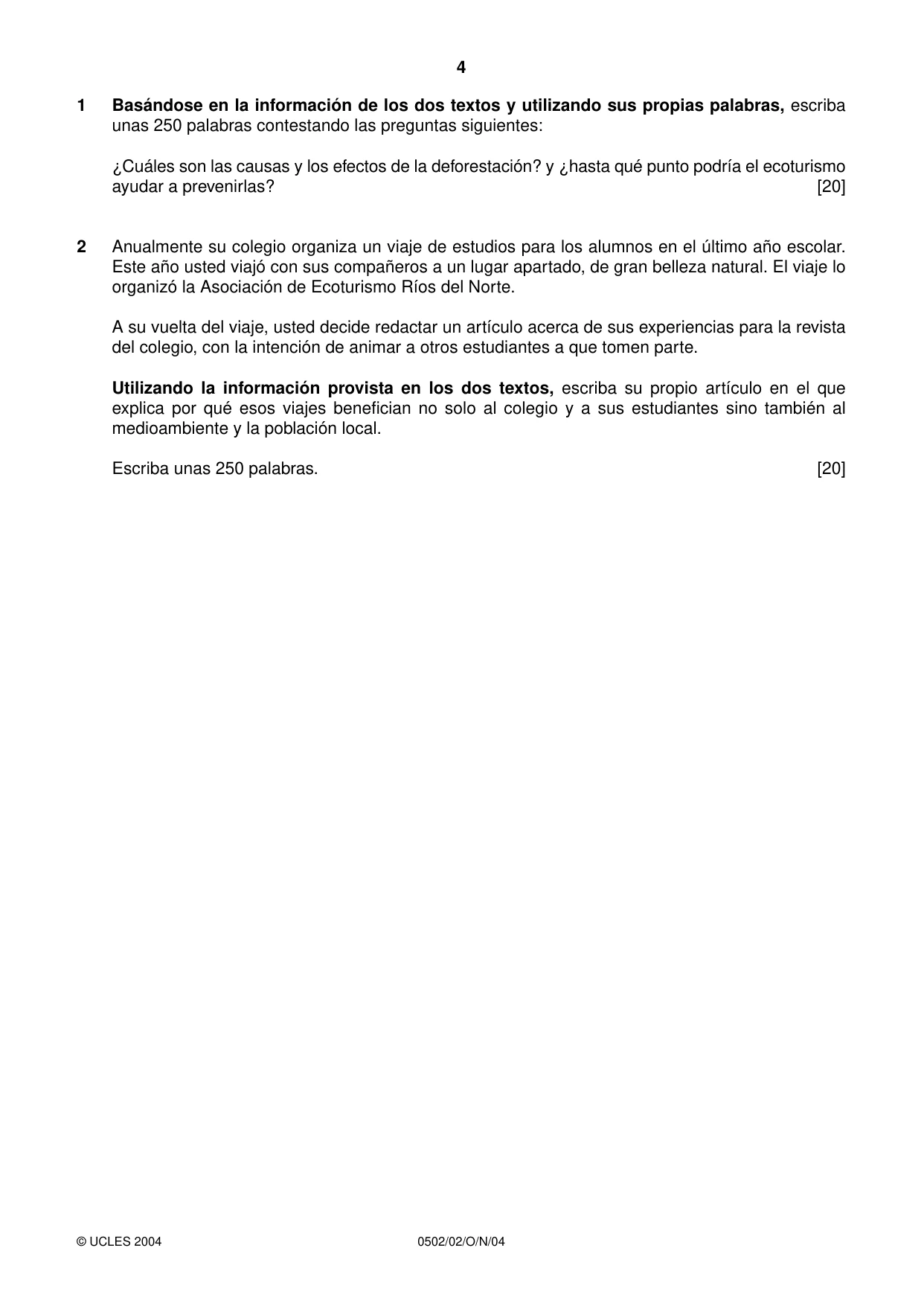 Cambridge IGCSE Spanish - First Language 0502 2004 Oct/Nov Paper 2 · Variant 1 question paper, page 4 of 8