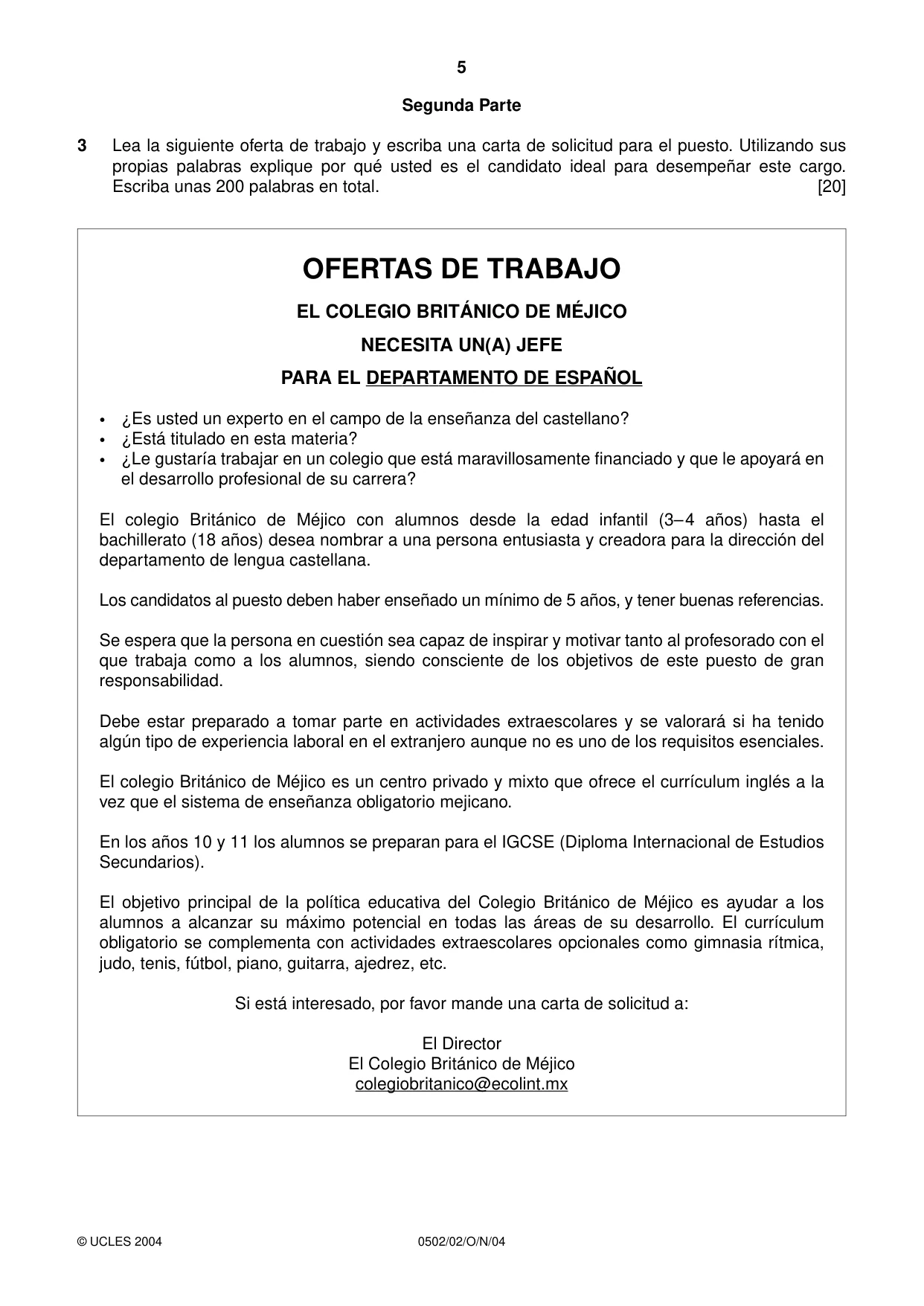 Cambridge IGCSE Spanish - First Language 0502 2004 Oct/Nov Paper 2 · Variant 1 question paper, page 5 of 8