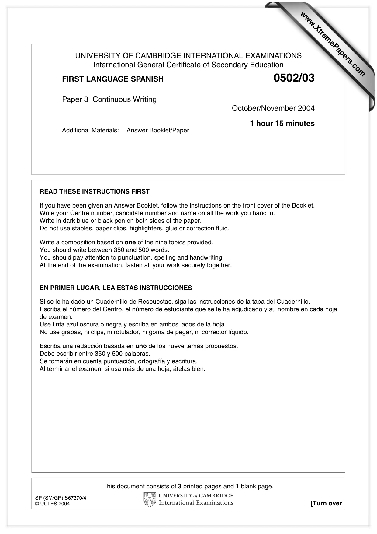 Cambridge IGCSE Spanish - First Language 0502 2004 Oct/Nov Paper 3 · Variant 1 question paper, page 1 of 4