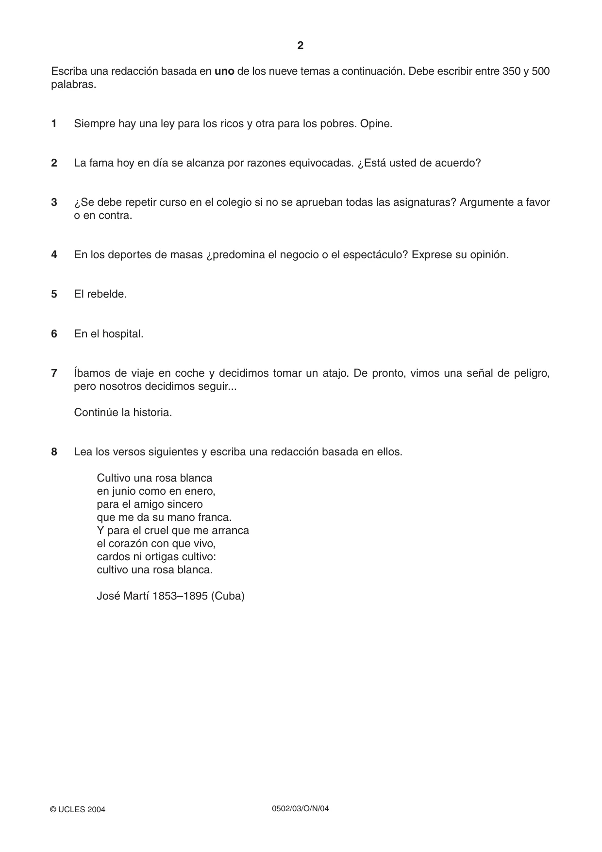 Cambridge IGCSE Spanish - First Language 0502 2004 Oct/Nov Paper 3 · Variant 1 question paper, page 2 of 4