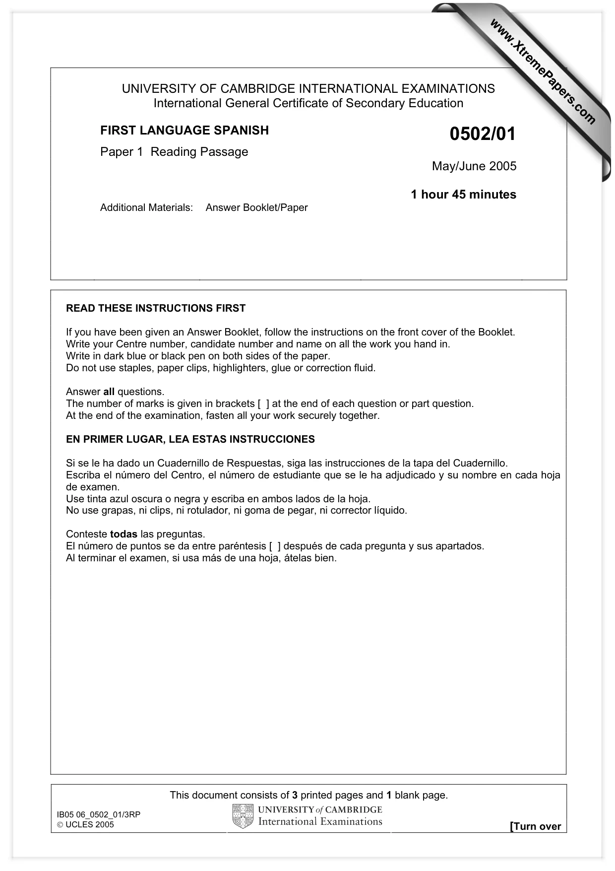 Cambridge IGCSE Spanish - First Language 0502 2005 May/June Paper 1 · Variant 1 question paper, page 1 of 4