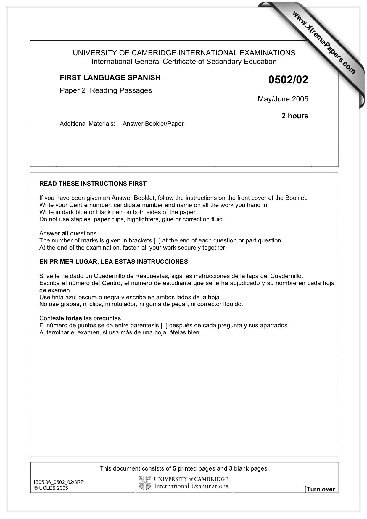 Cambridge IGCSE Spanish - First Language 0502 2005 May/June Paper 2 · Variant 1 question paper, page 1 of 8