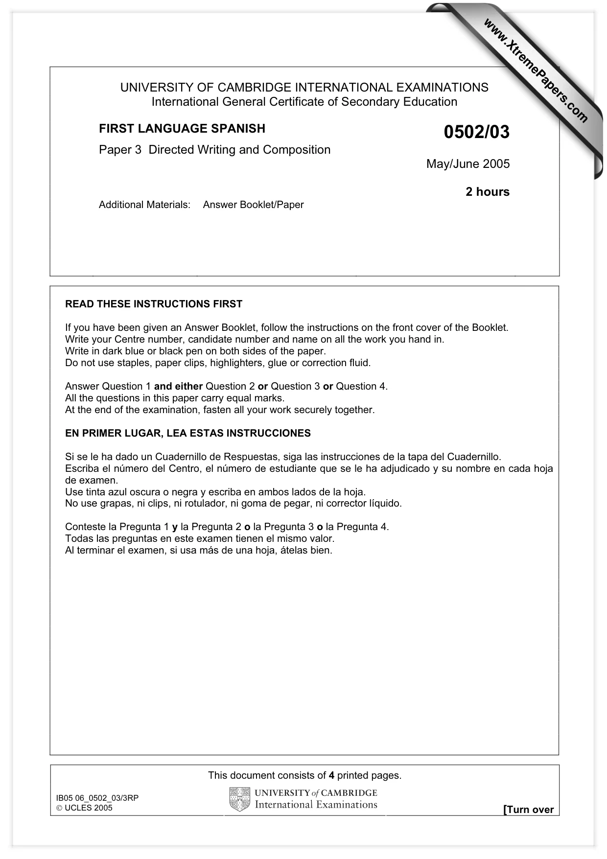 Cambridge IGCSE Spanish - First Language 0502 2005 May/June Paper 3 · Variant 1 question paper, page 1 of 4