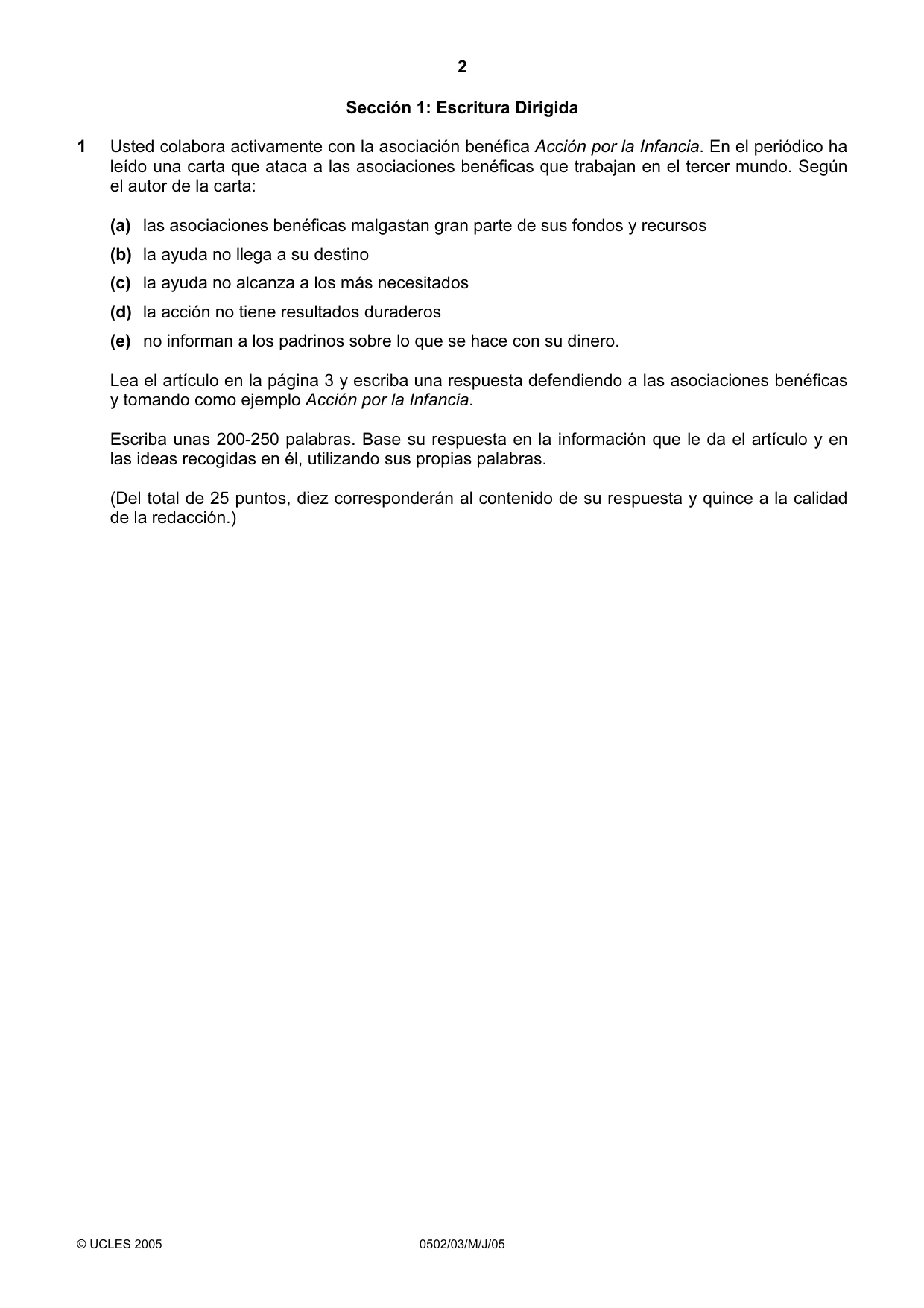 Cambridge IGCSE Spanish - First Language 0502 2005 May/June Paper 3 · Variant 1 question paper, page 2 of 4