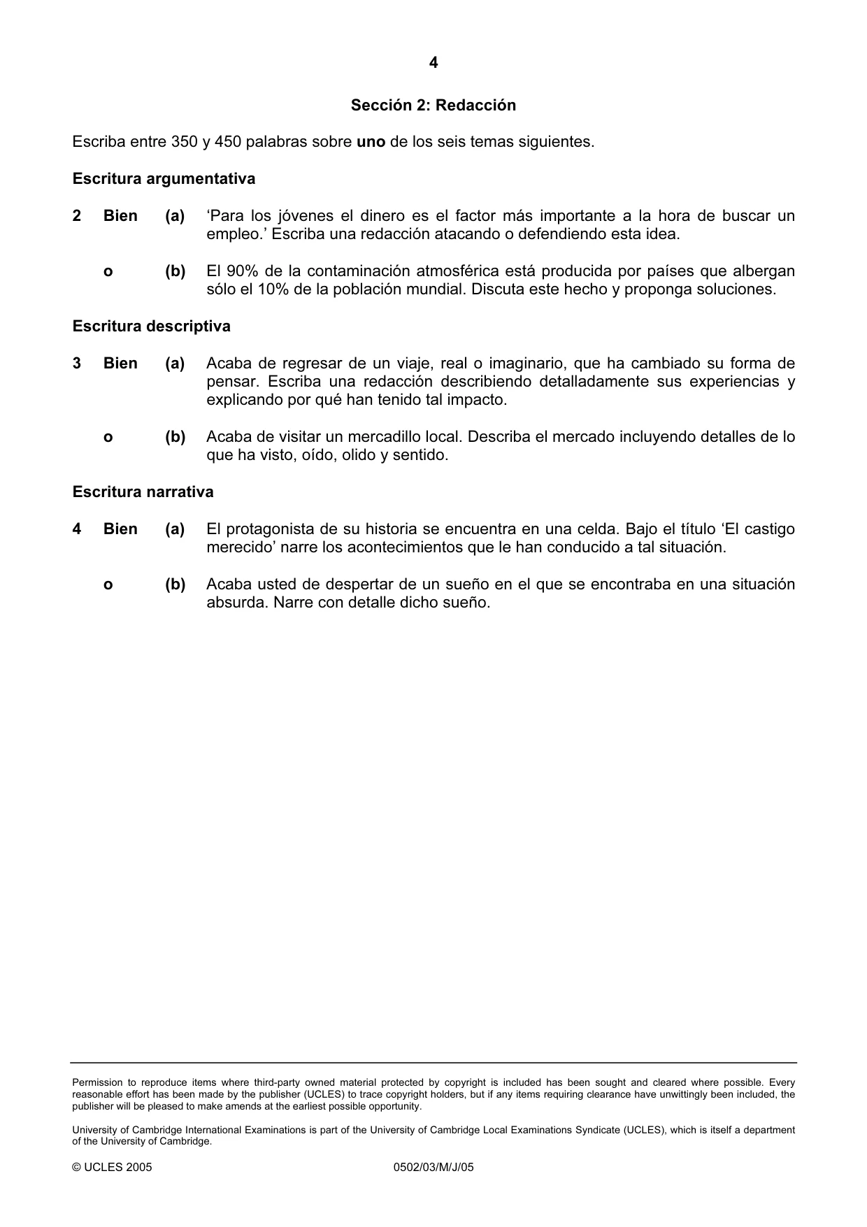 Cambridge IGCSE Spanish - First Language 0502 2005 May/June Paper 3 · Variant 1 question paper, page 4 of 4