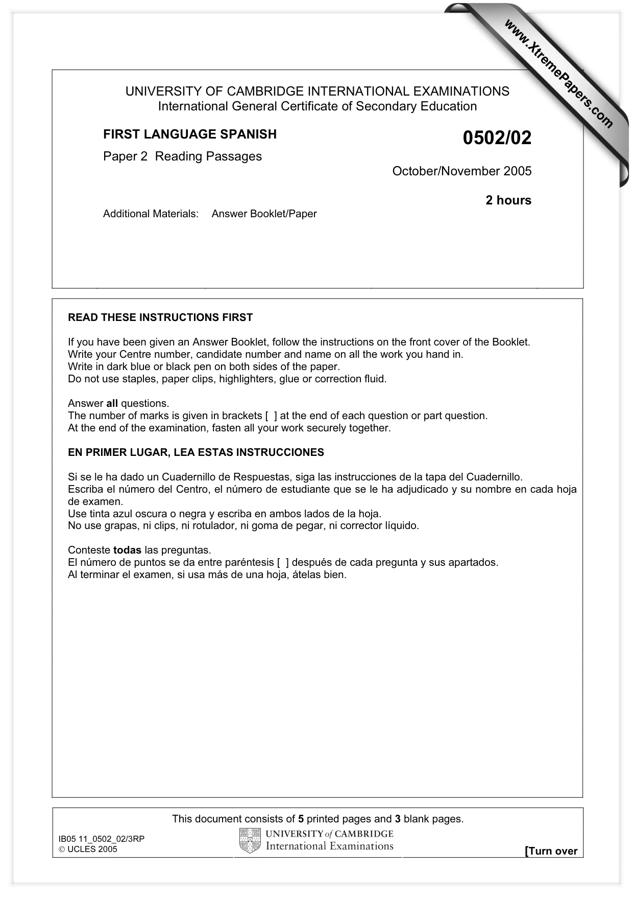 Cambridge IGCSE Spanish - First Language 0502 2005 Oct/Nov Paper 2 · Variant 1 question paper, page 1 of 8