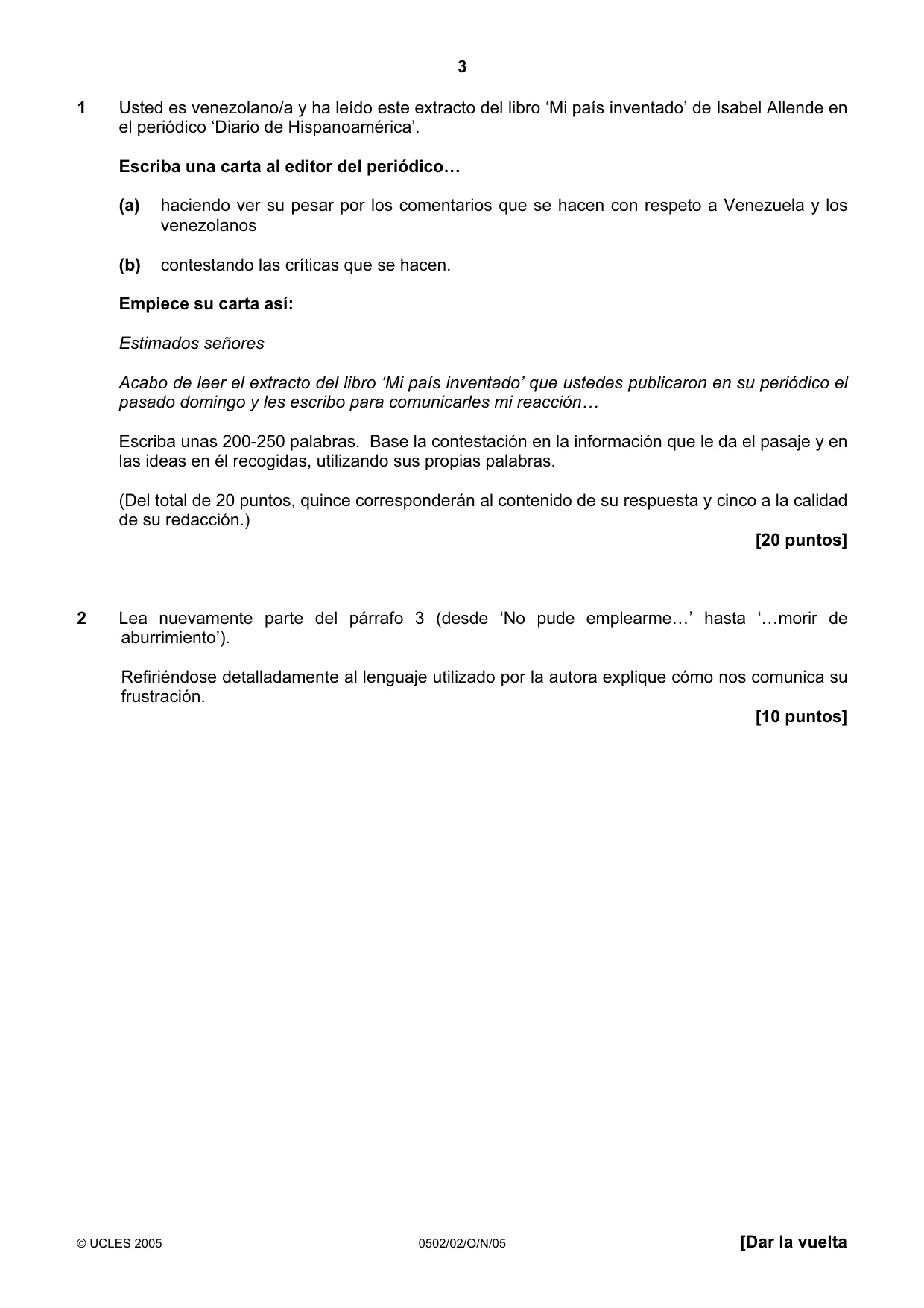 Cambridge IGCSE Spanish - First Language 0502 2005 Oct/Nov Paper 2 · Variant 1 question paper, page 3 of 8
