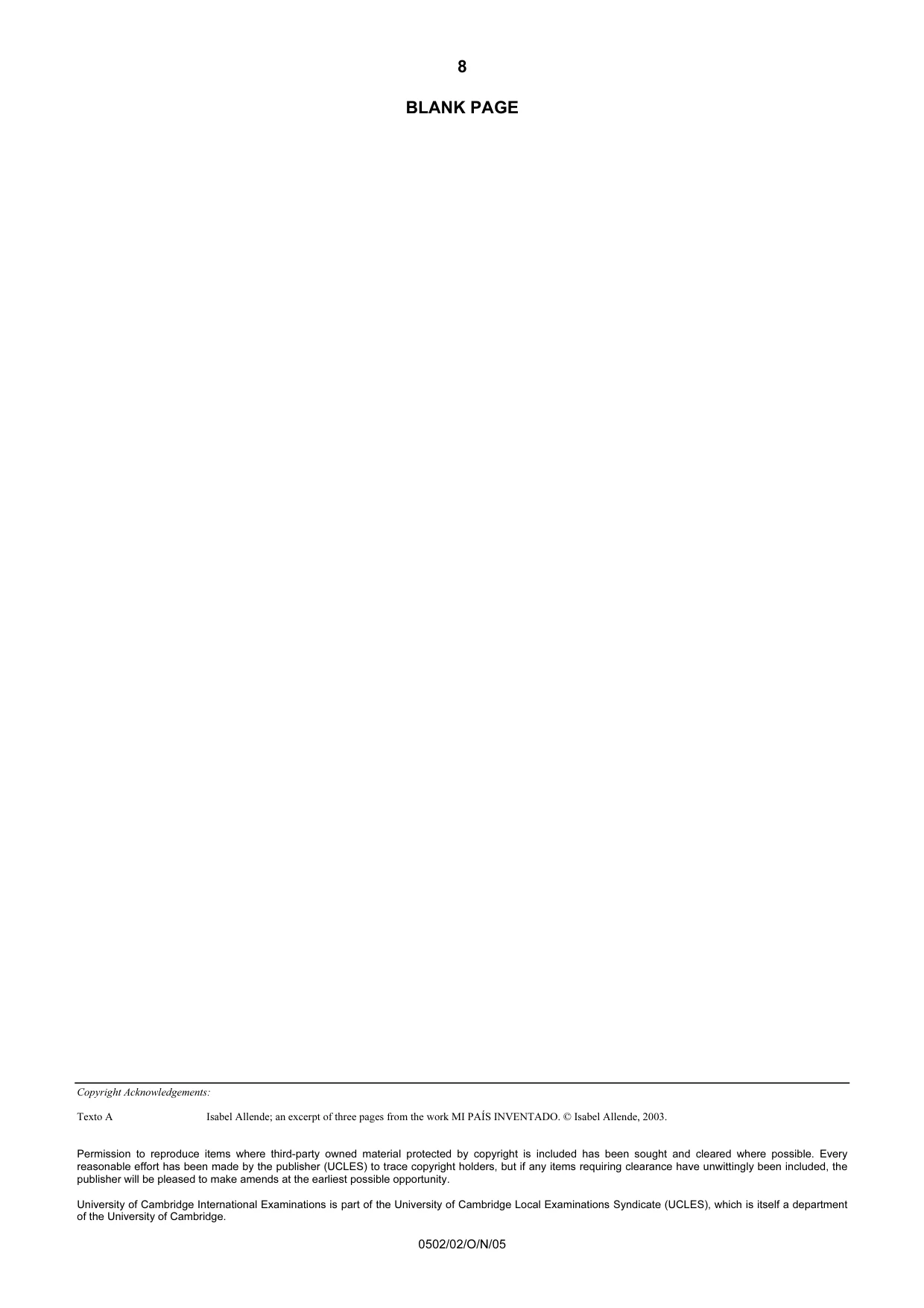 Cambridge IGCSE Spanish - First Language 0502 2005 Oct/Nov Paper 2 · Variant 1 question paper, page 8 of 8