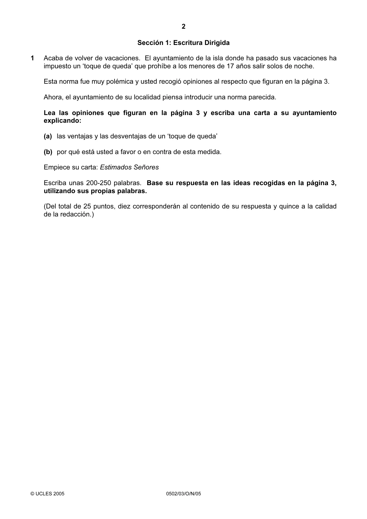 Cambridge IGCSE Spanish - First Language 0502 2005 Oct/Nov Paper 3 · Variant 1 question paper, page 2 of 4