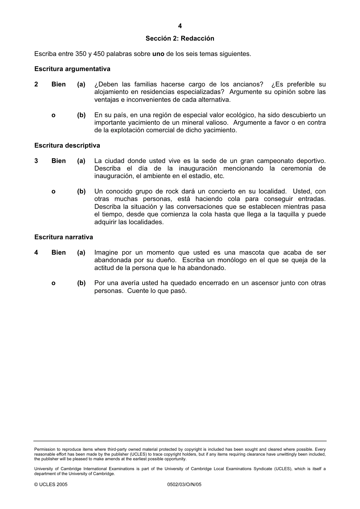 Cambridge IGCSE Spanish - First Language 0502 2005 Oct/Nov Paper 3 · Variant 1 question paper, page 4 of 4
