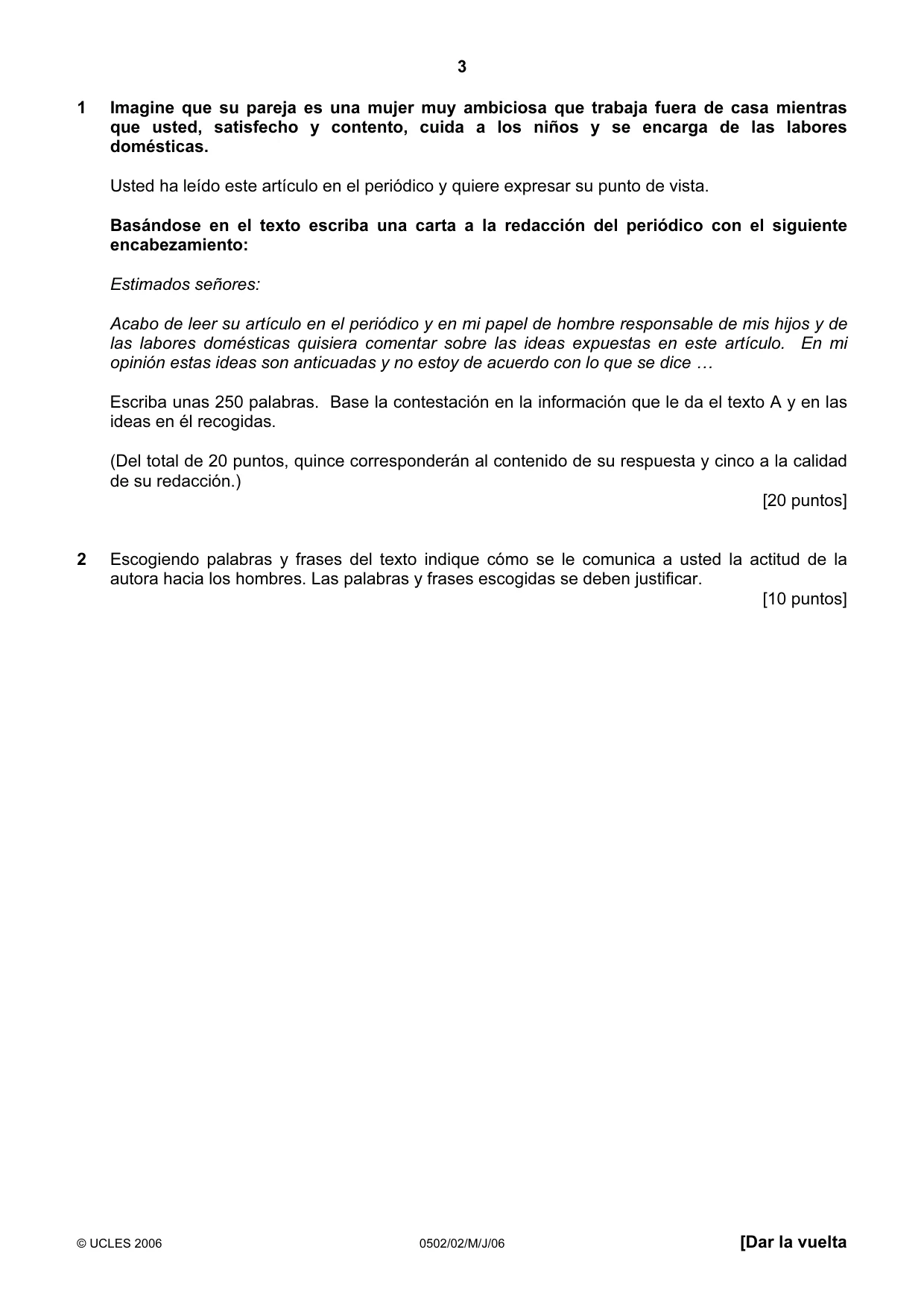 Cambridge IGCSE Spanish - First Language 0502 2006 May/June Paper 2 · Variant 1 question paper, page 3 of 8