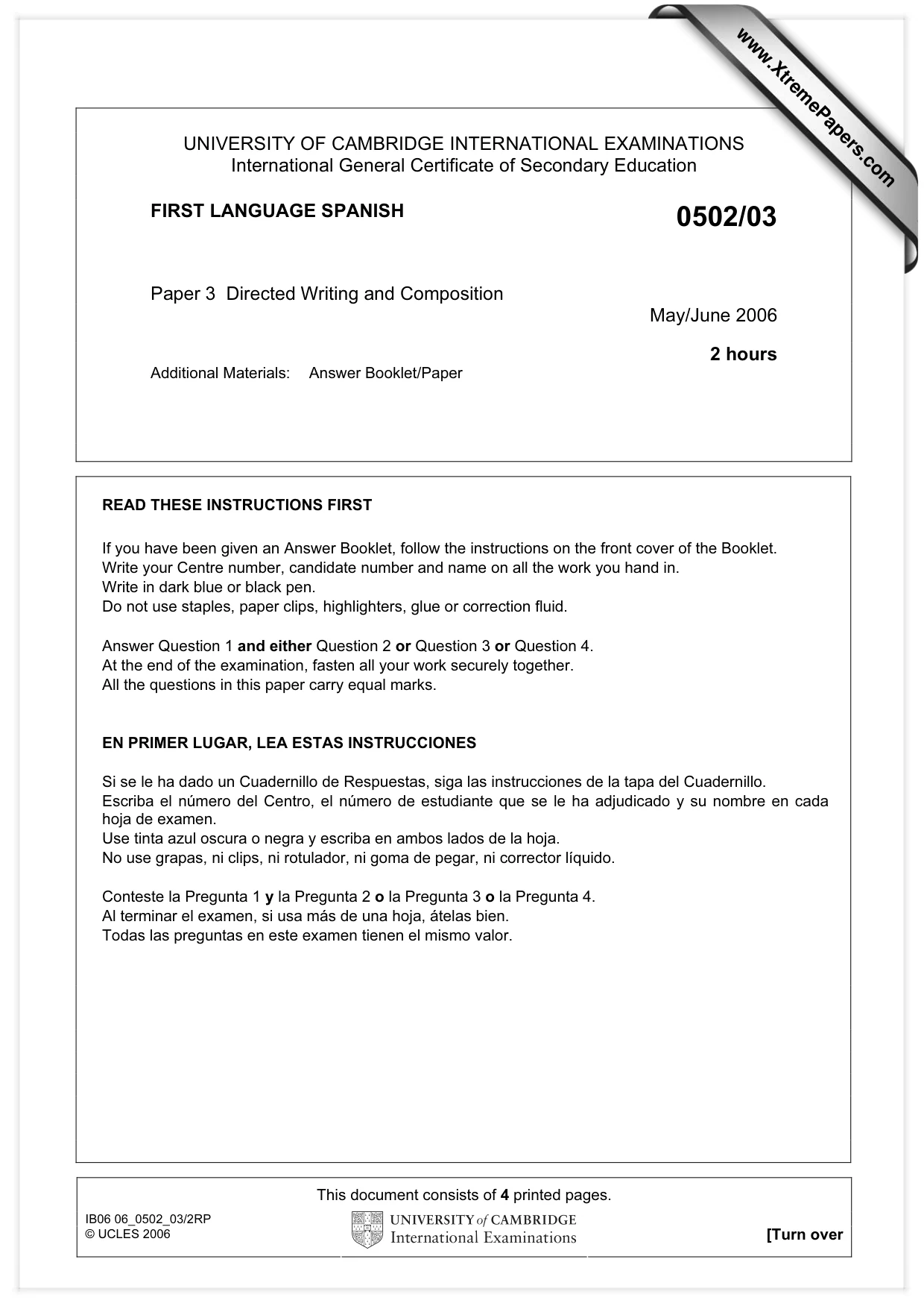 Cambridge IGCSE Spanish - First Language 0502 2006 May/June Paper 3 · Variant 1 question paper, page 1 of 4