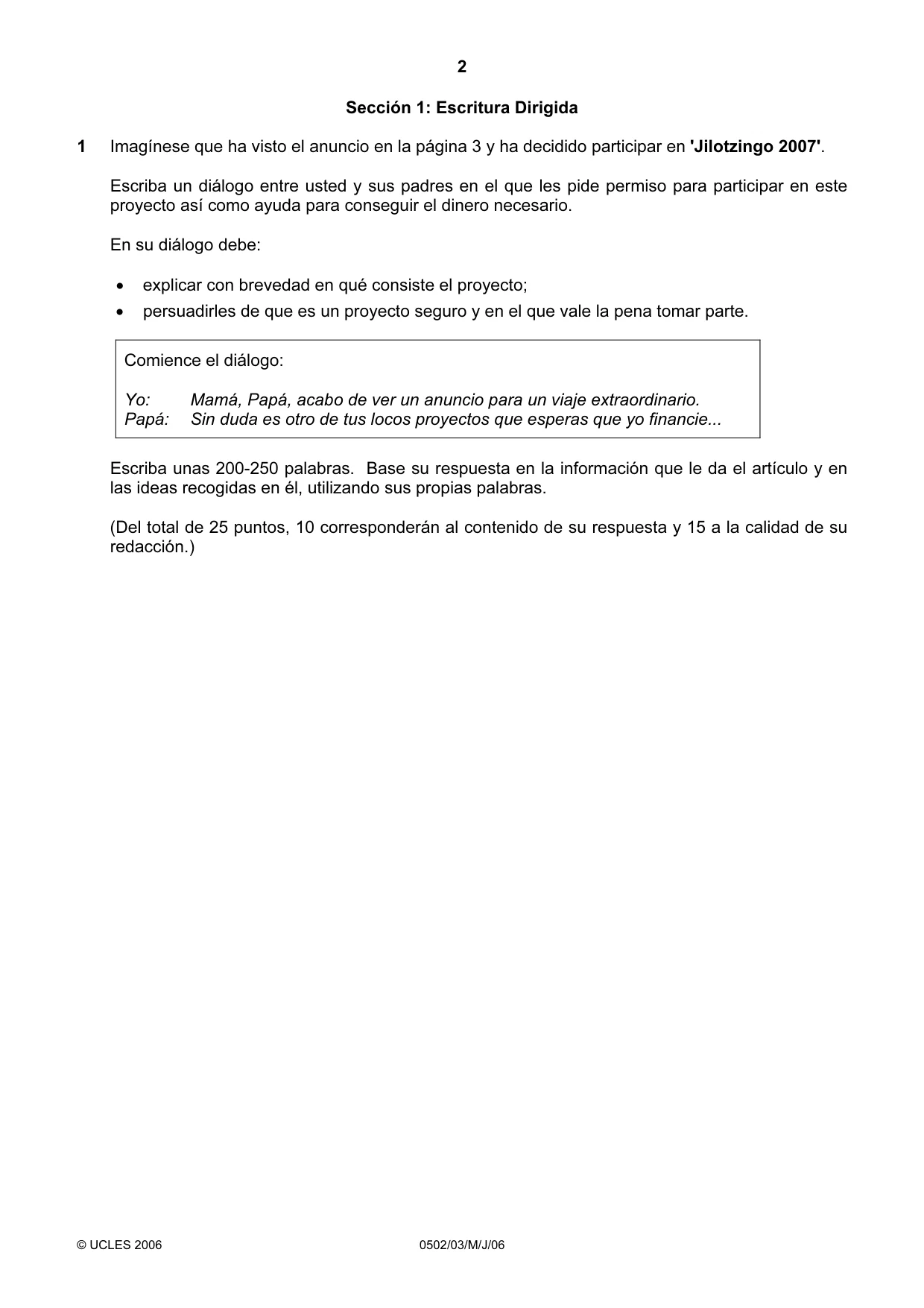 Cambridge IGCSE Spanish - First Language 0502 2006 May/June Paper 3 · Variant 1 question paper, page 2 of 4