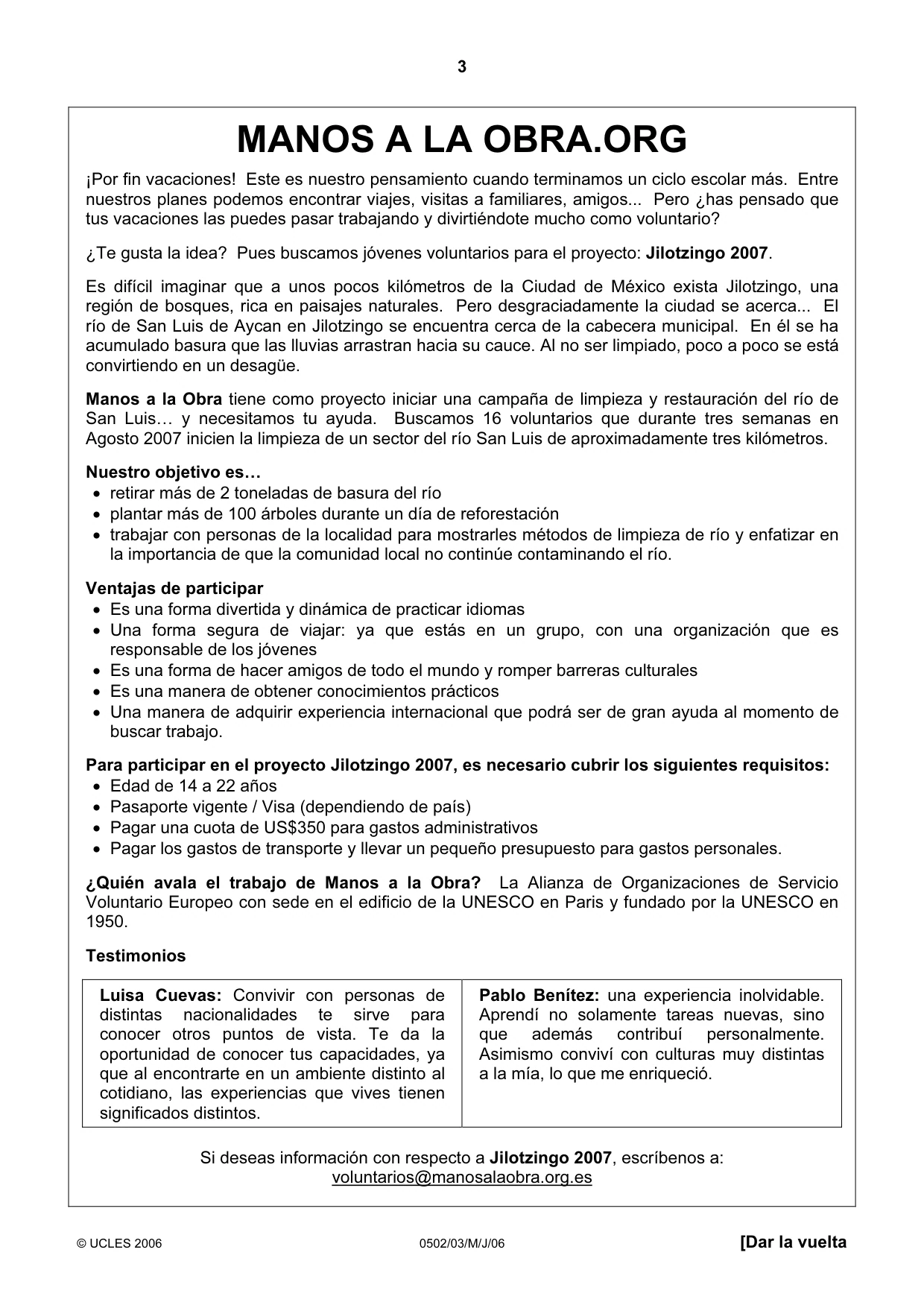 Cambridge IGCSE Spanish - First Language 0502 2006 May/June Paper 3 · Variant 1 question paper, page 3 of 4