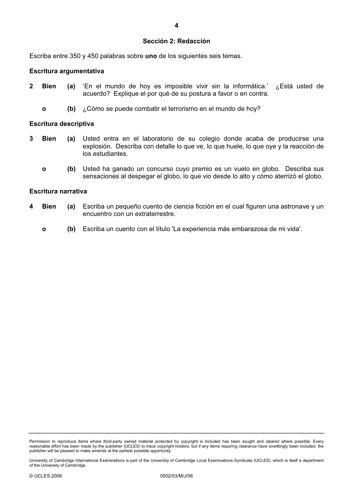 Cambridge IGCSE Spanish - First Language 0502 2006 May/June Paper 3 · Variant 1 question paper, page 4 of 4