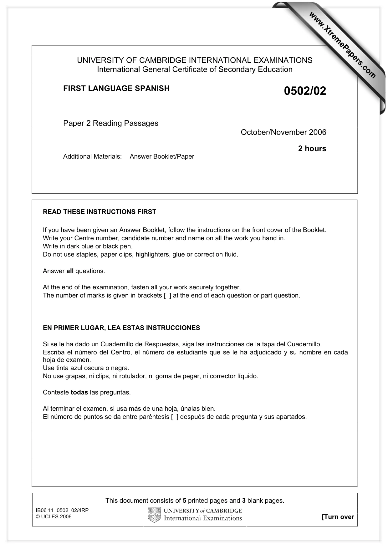 Cambridge IGCSE Spanish - First Language 0502 2006 Oct/Nov Paper 2 · Variant 1 question paper, page 1 of 8