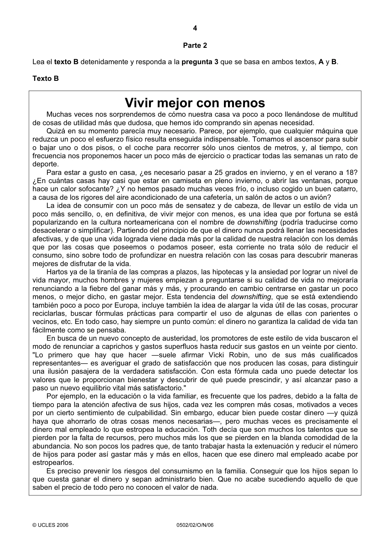 Cambridge IGCSE Spanish - First Language 0502 2006 Oct/Nov Paper 2 · Variant 1 question paper, page 4 of 8