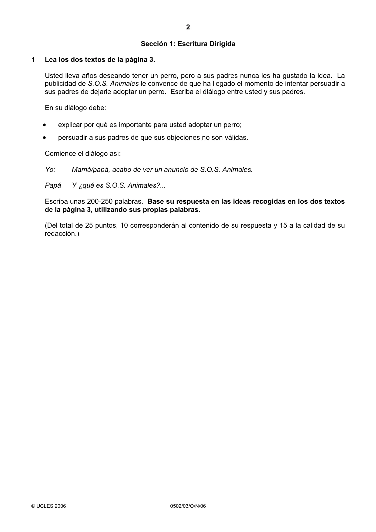 Cambridge IGCSE Spanish - First Language 0502 2006 Oct/Nov Paper 3 · Variant 1 question paper, page 2 of 4