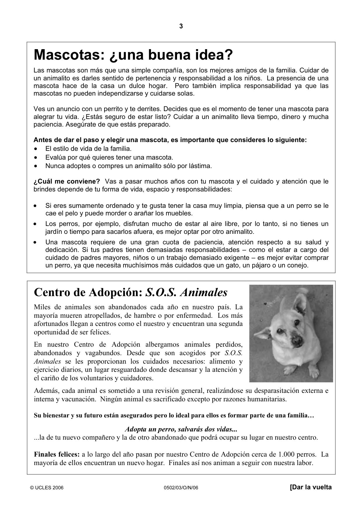 Cambridge IGCSE Spanish - First Language 0502 2006 Oct/Nov Paper 3 · Variant 1 question paper, page 3 of 4