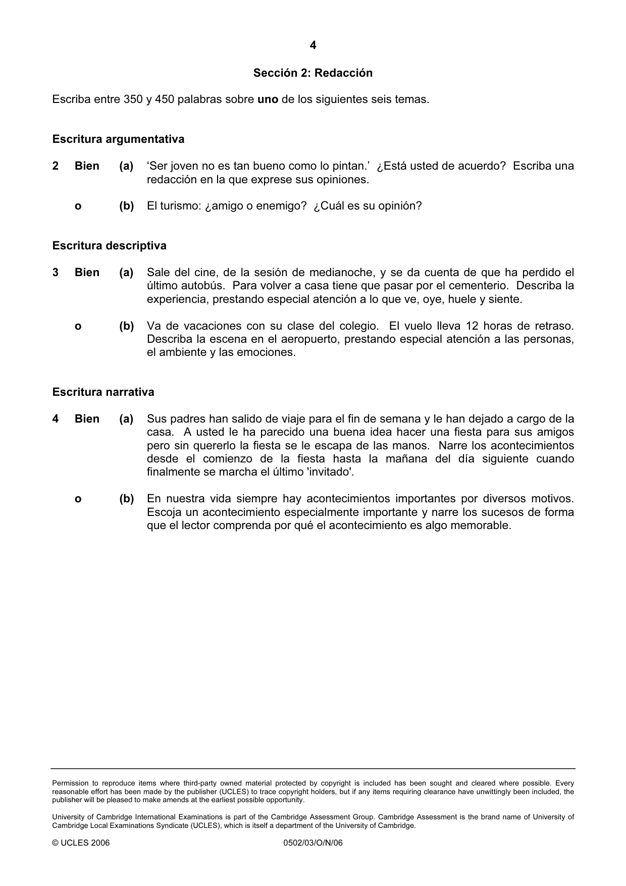 Cambridge IGCSE Spanish - First Language 0502 2006 Oct/Nov Paper 3 · Variant 1 question paper, page 4 of 4