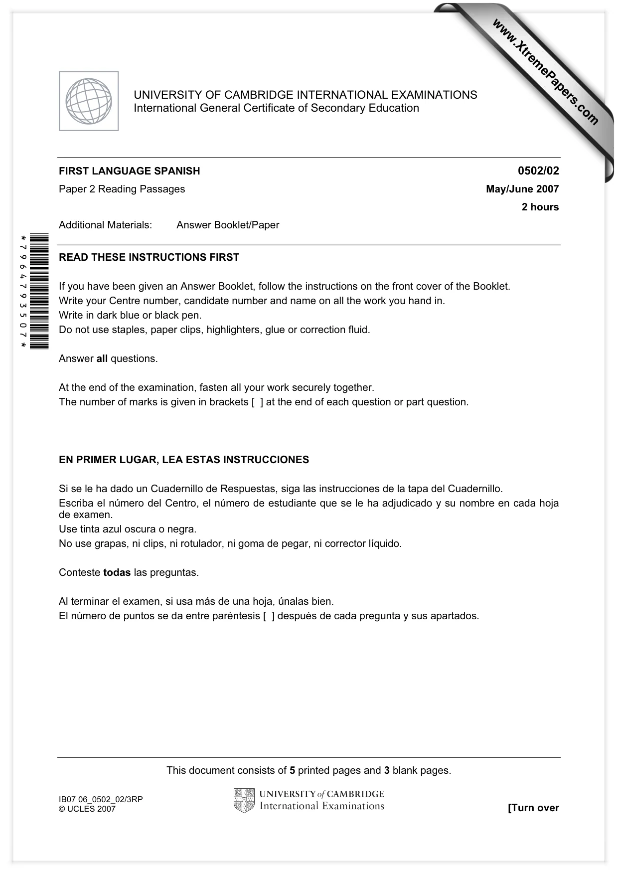 Cambridge IGCSE Spanish - First Language 0502 2007 May/June Paper 2 · Variant 1 question paper, page 1 of 8