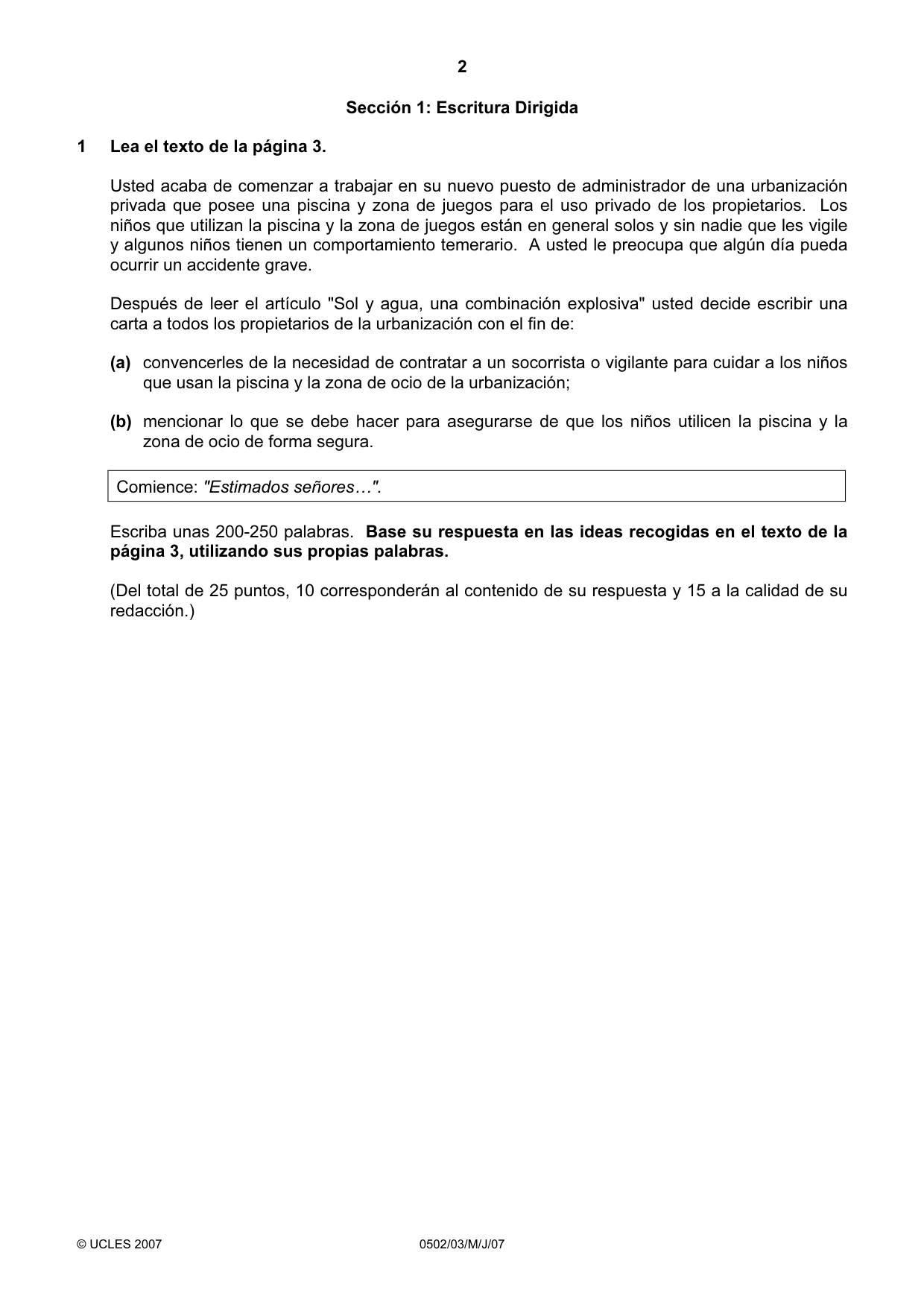 Cambridge IGCSE Spanish - First Language 0502 2007 May/June Paper 3 · Variant 1 question paper, page 2 of 4
