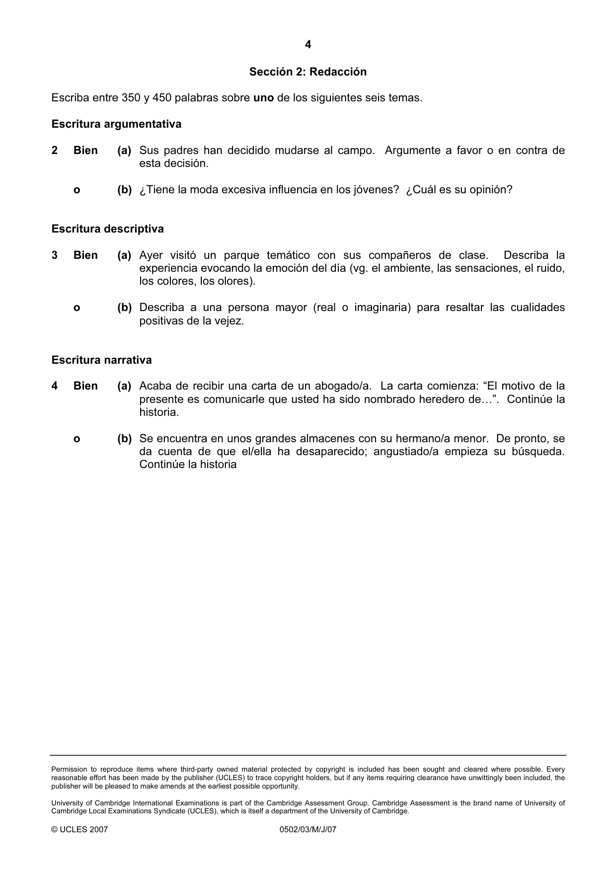 Cambridge IGCSE Spanish - First Language 0502 2007 May/June Paper 3 · Variant 1 question paper, page 4 of 4