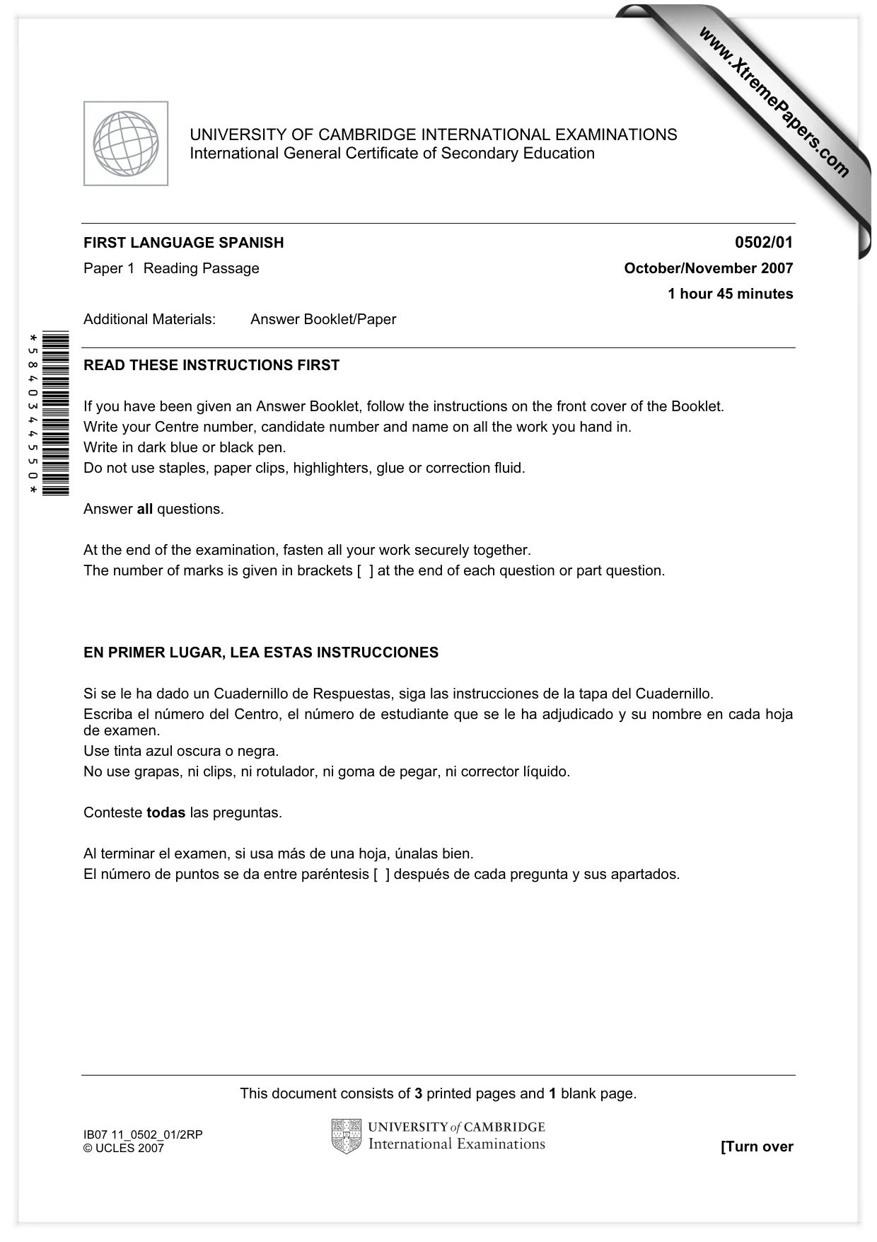 Cambridge IGCSE Spanish - First Language 0502 2007 Oct/Nov Paper 1 · Variant 1 question paper, page 1 of 4