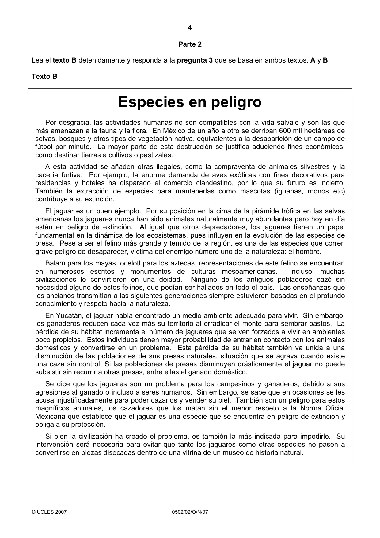 Cambridge IGCSE Spanish - First Language 0502 2007 Oct/Nov Paper 2 · Variant 1 question paper, page 4 of 8