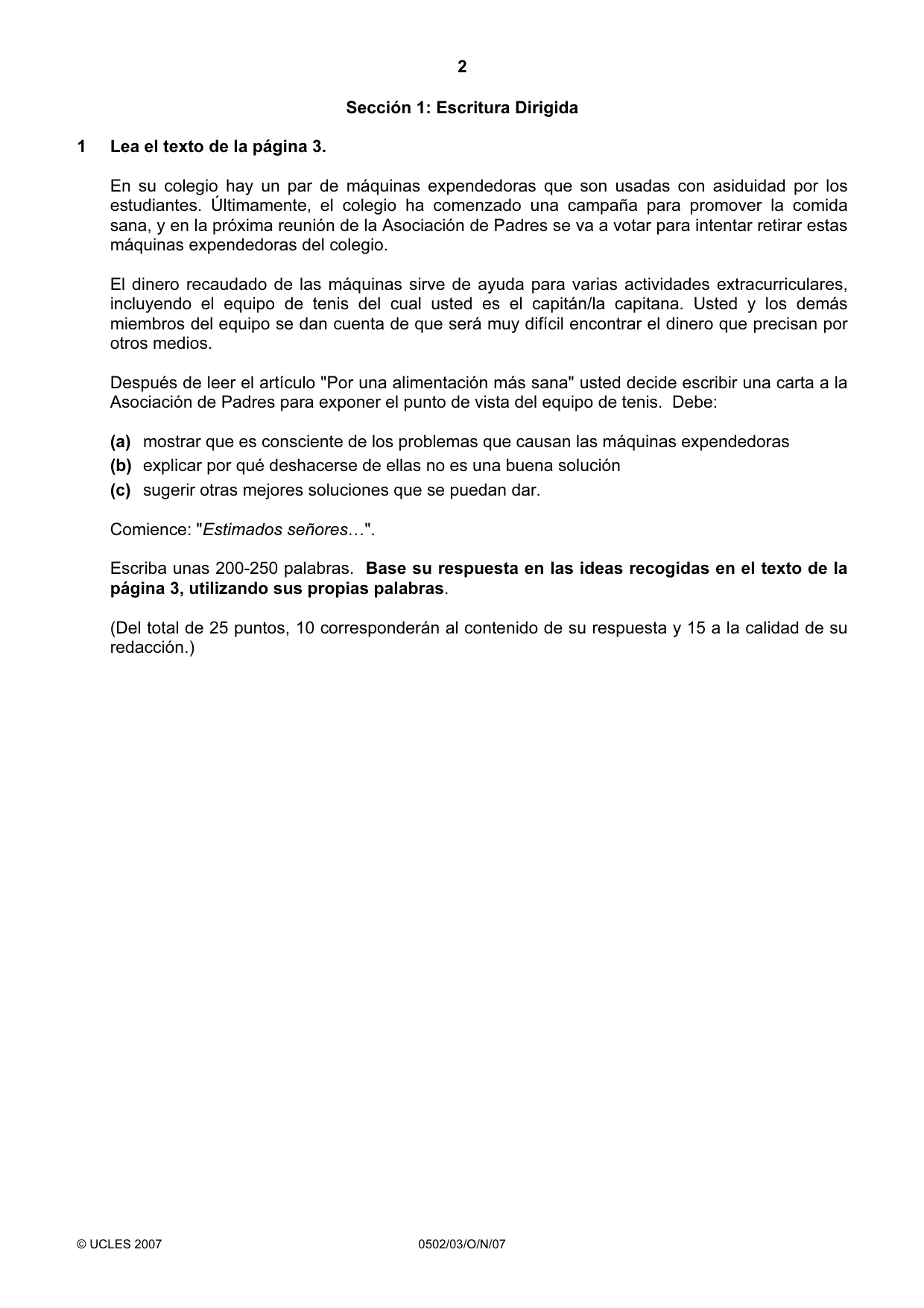 Cambridge IGCSE Spanish - First Language 0502 2007 Oct/Nov Paper 3 · Variant 1 question paper, page 2 of 4