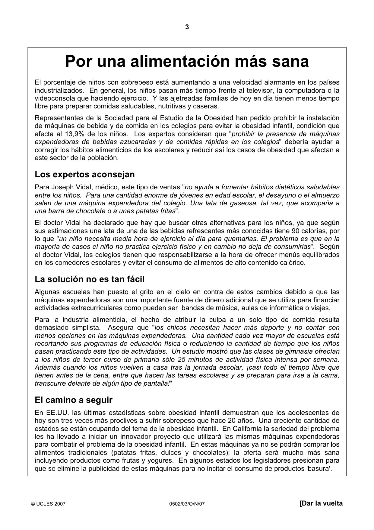 Cambridge IGCSE Spanish - First Language 0502 2007 Oct/Nov Paper 3 · Variant 1 question paper, page 3 of 4