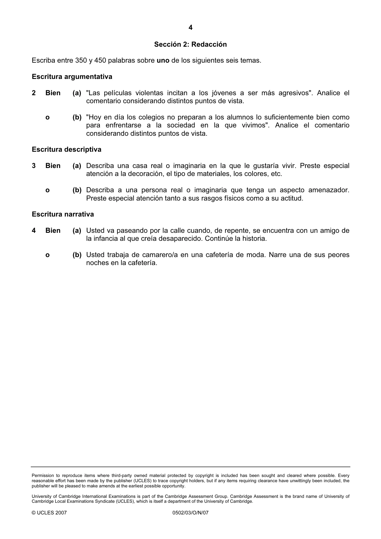 Cambridge IGCSE Spanish - First Language 0502 2007 Oct/Nov Paper 3 · Variant 1 question paper, page 4 of 4