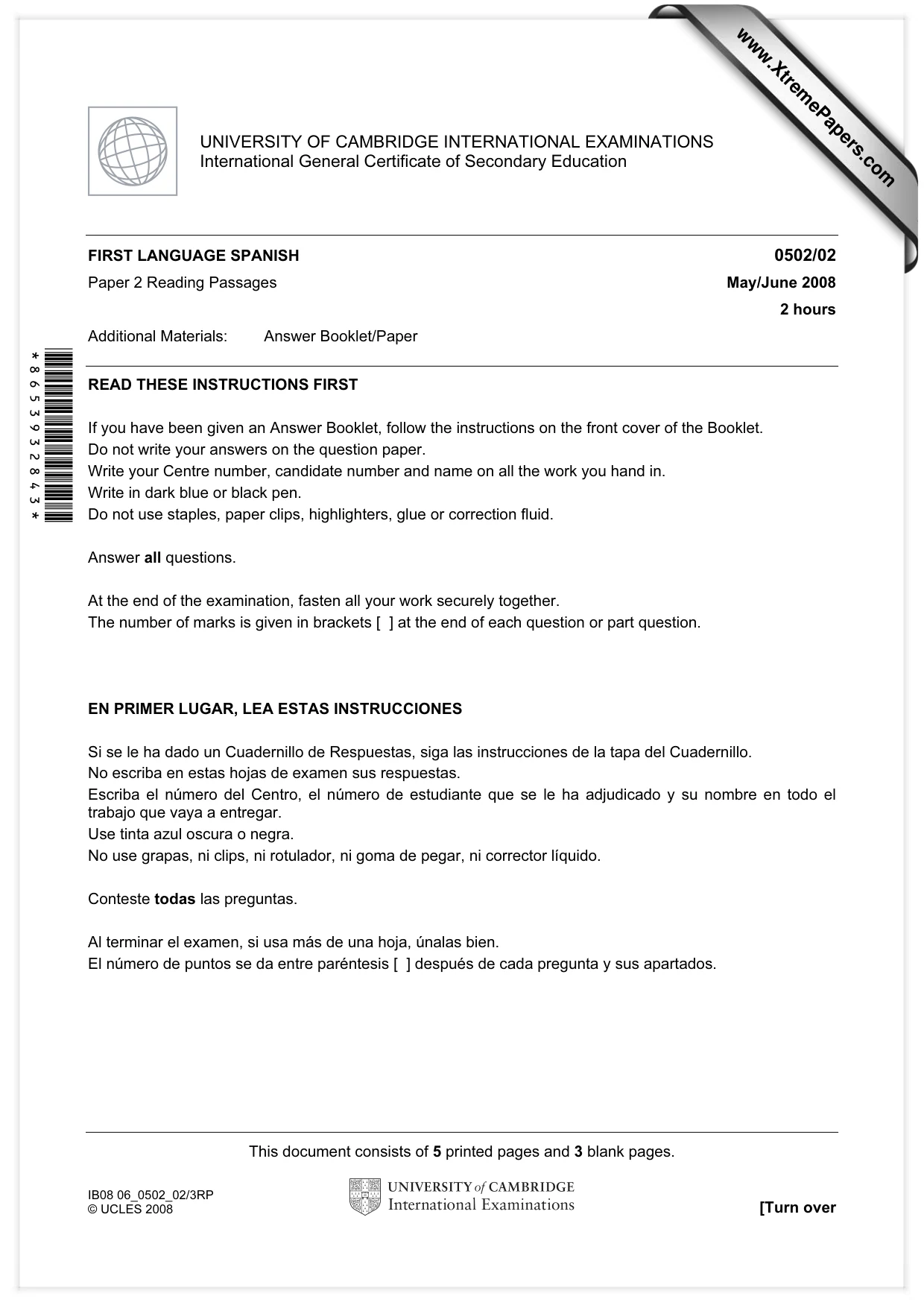 Cambridge IGCSE Spanish - First Language 0502 2008 May/June Paper 2 · Variant 1 question paper, page 1 of 8