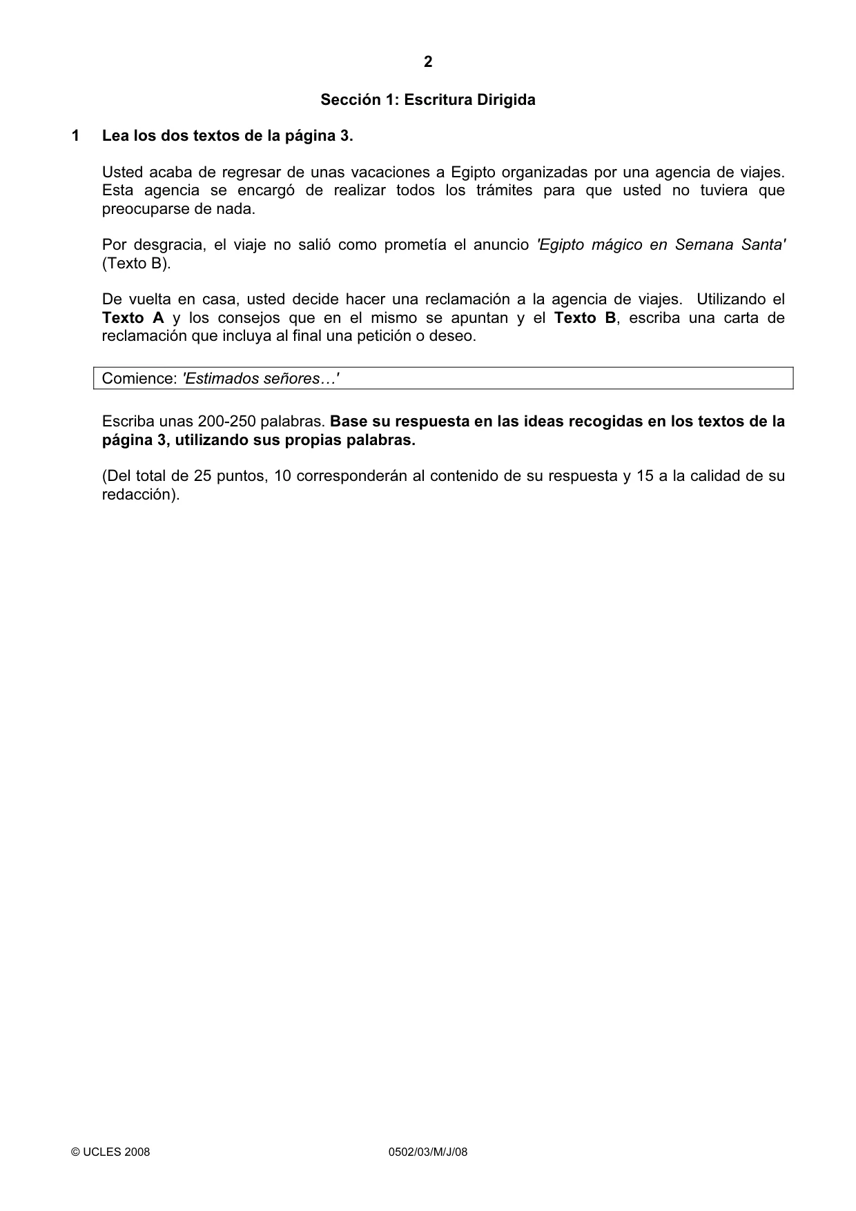 Cambridge IGCSE Spanish - First Language 0502 2008 May/June Paper 3 · Variant 1 question paper, page 2 of 4