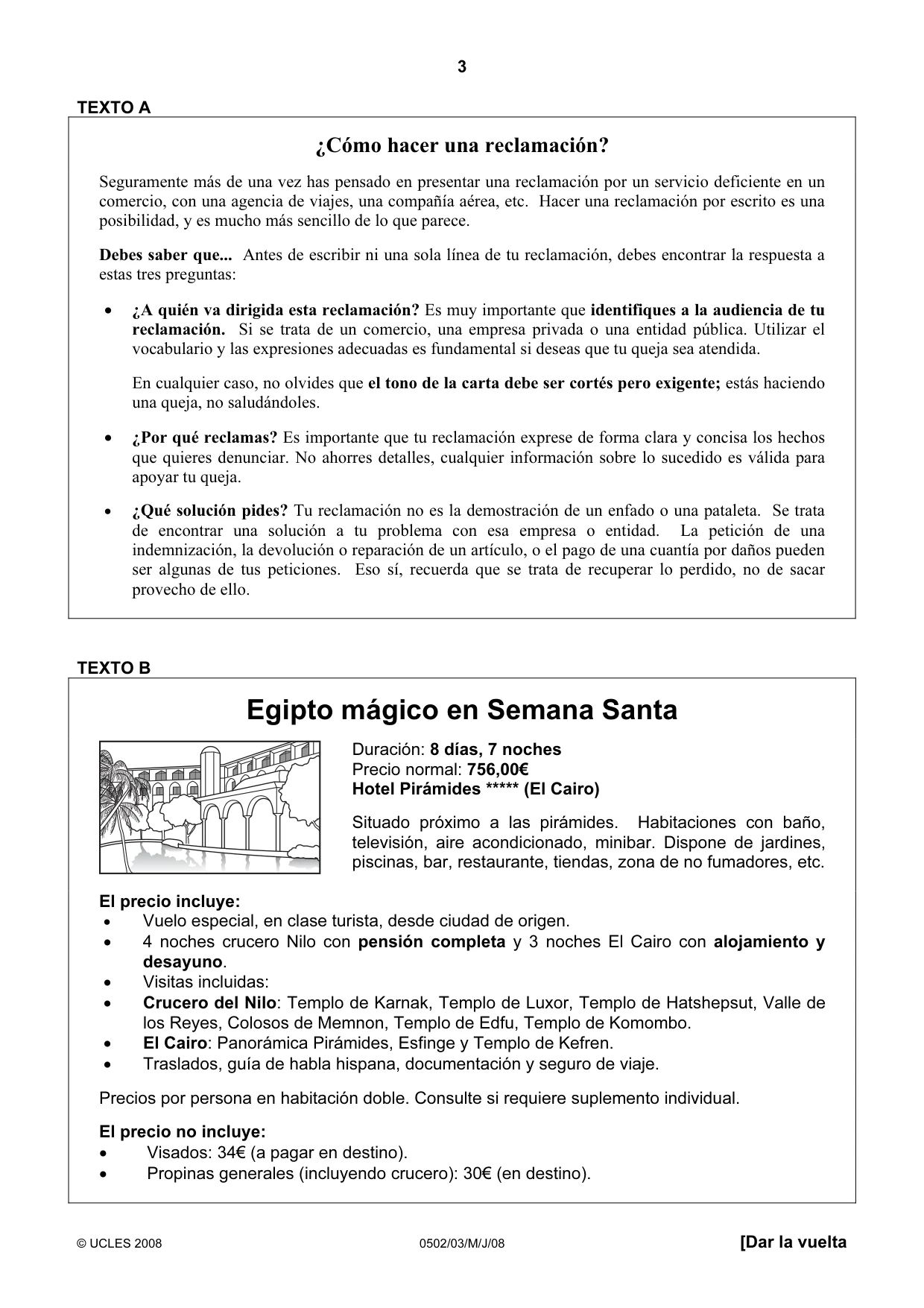Cambridge IGCSE Spanish - First Language 0502 2008 May/June Paper 3 · Variant 1 question paper, page 3 of 4