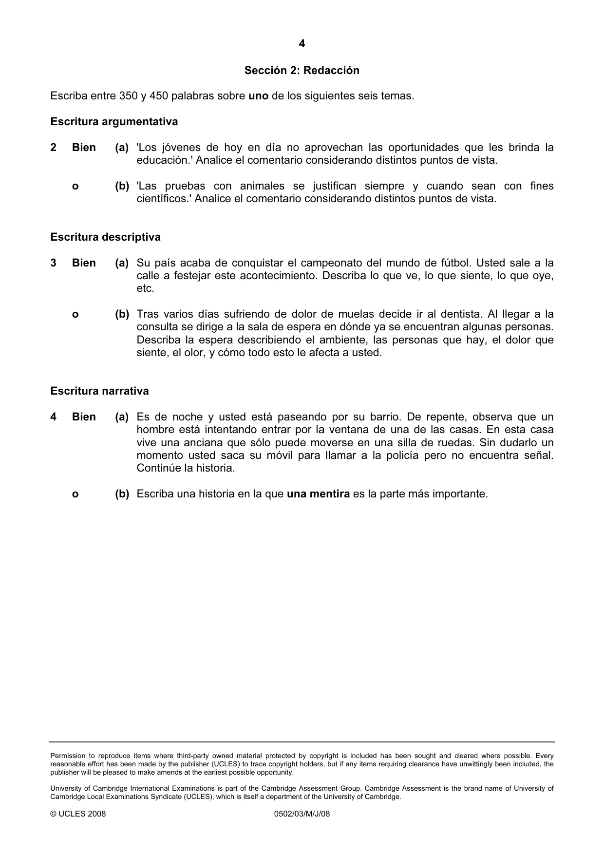 Cambridge IGCSE Spanish - First Language 0502 2008 May/June Paper 3 · Variant 1 question paper, page 4 of 4