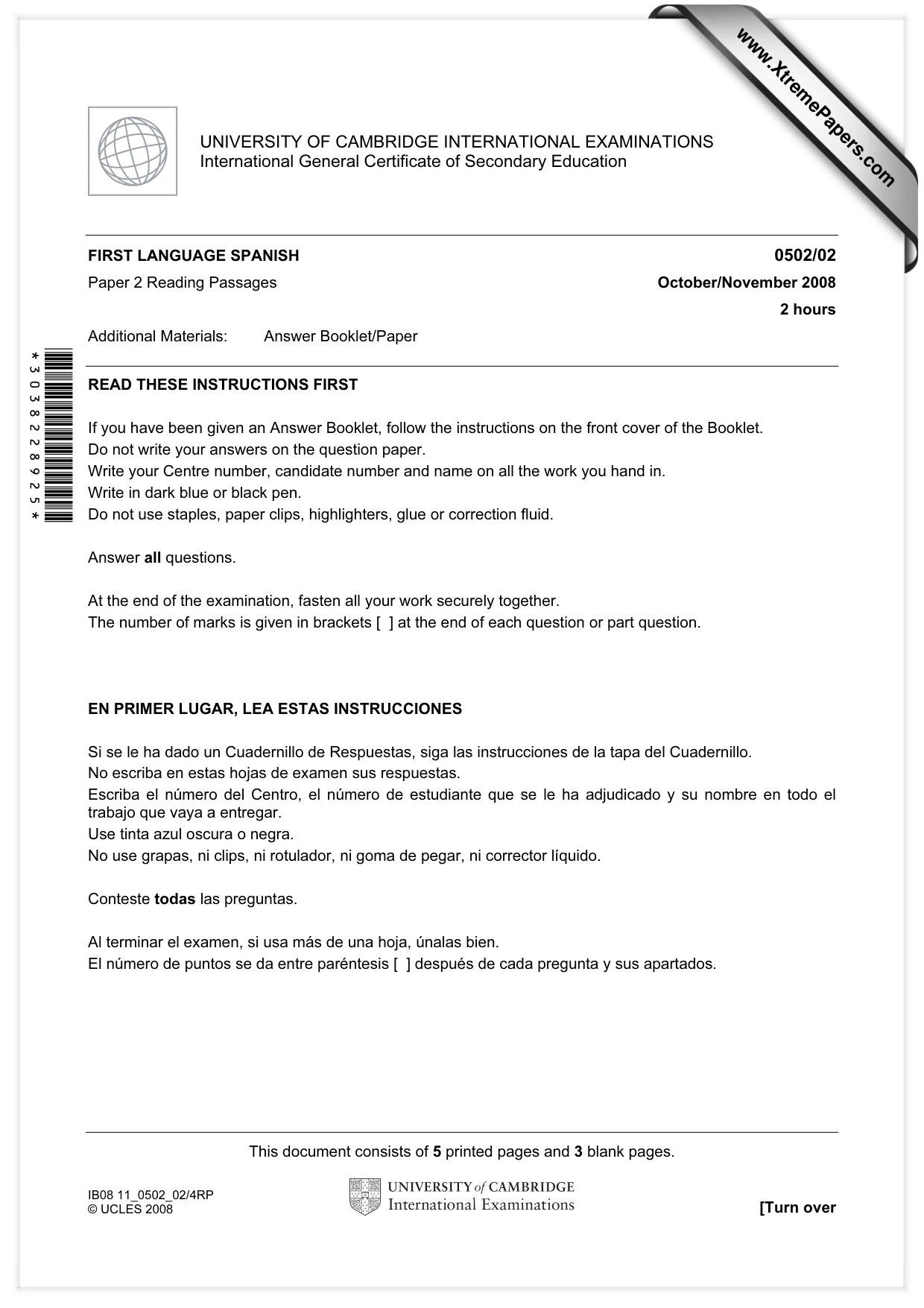 Cambridge IGCSE Spanish - First Language 0502 2008 Oct/Nov Paper 2 · Variant 0 question paper, page 1 of 8