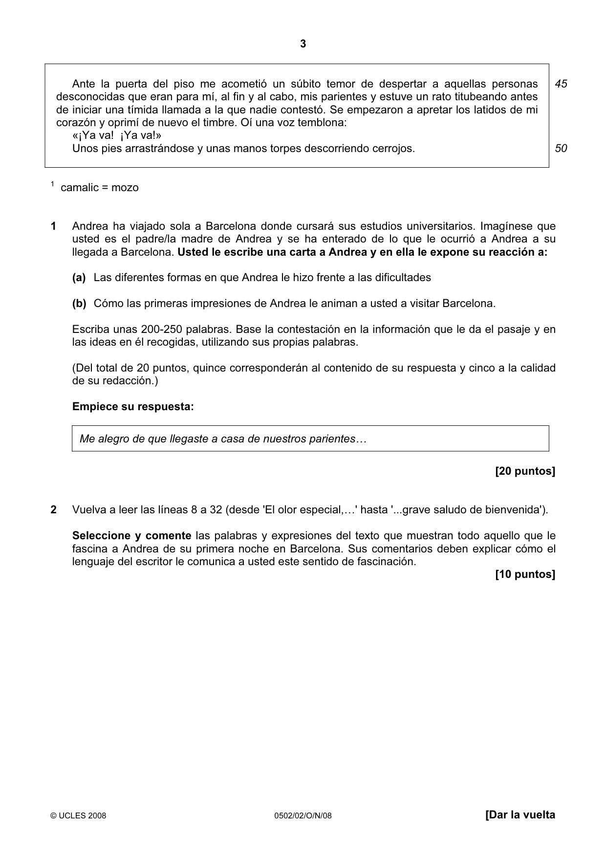 Cambridge IGCSE Spanish - First Language 0502 2008 Oct/Nov Paper 2 · Variant 0 question paper, page 3 of 8