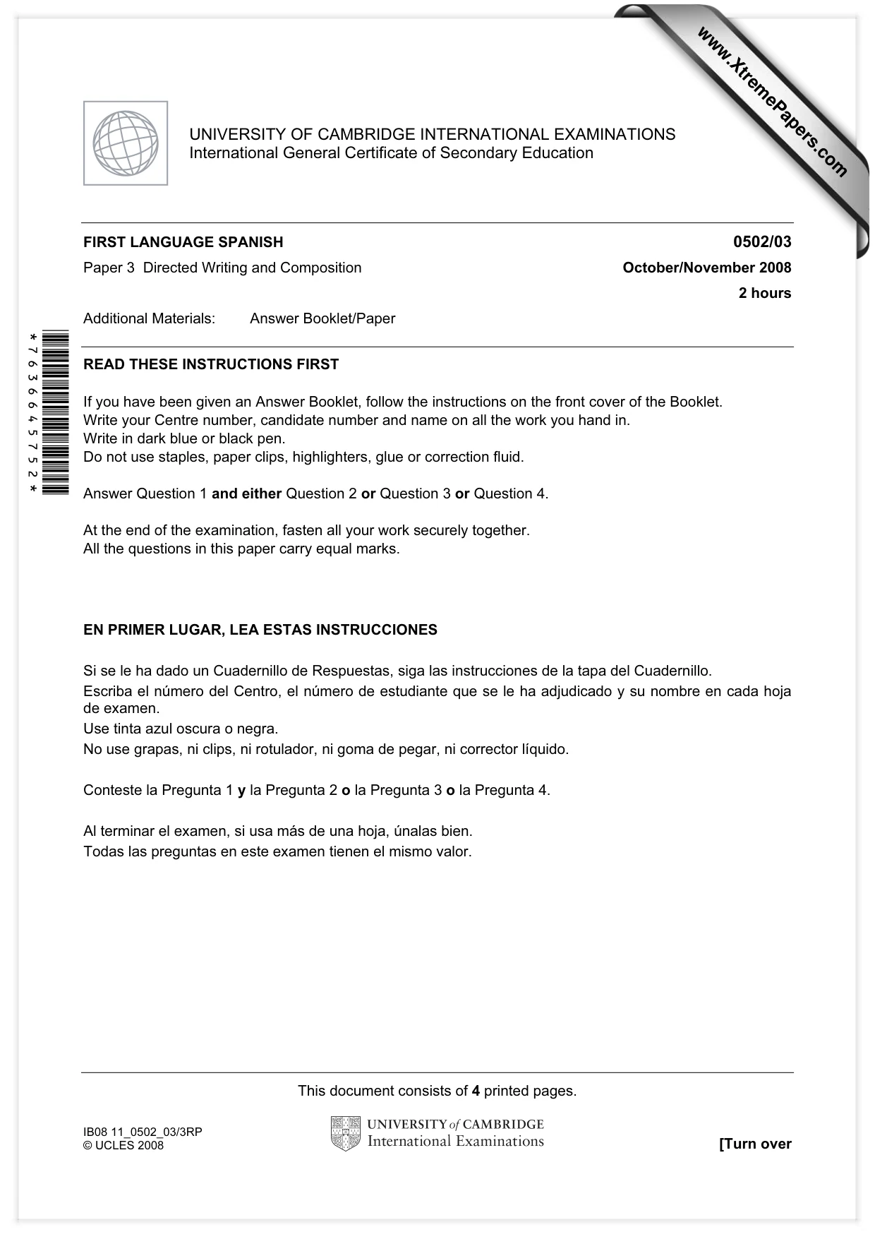 Cambridge IGCSE Spanish - First Language 0502 2008 Oct/Nov Paper 3 · Variant 0 question paper, page 1 of 4