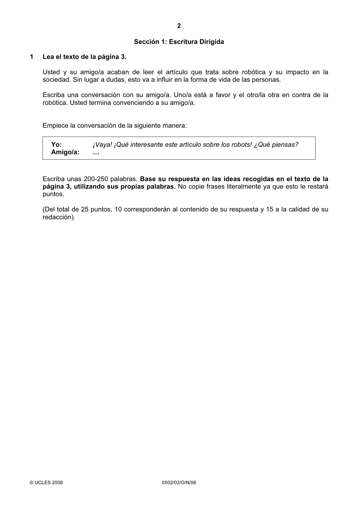 Cambridge IGCSE Spanish - First Language 0502 2008 Oct/Nov Paper 3 · Variant 0 question paper, page 2 of 4