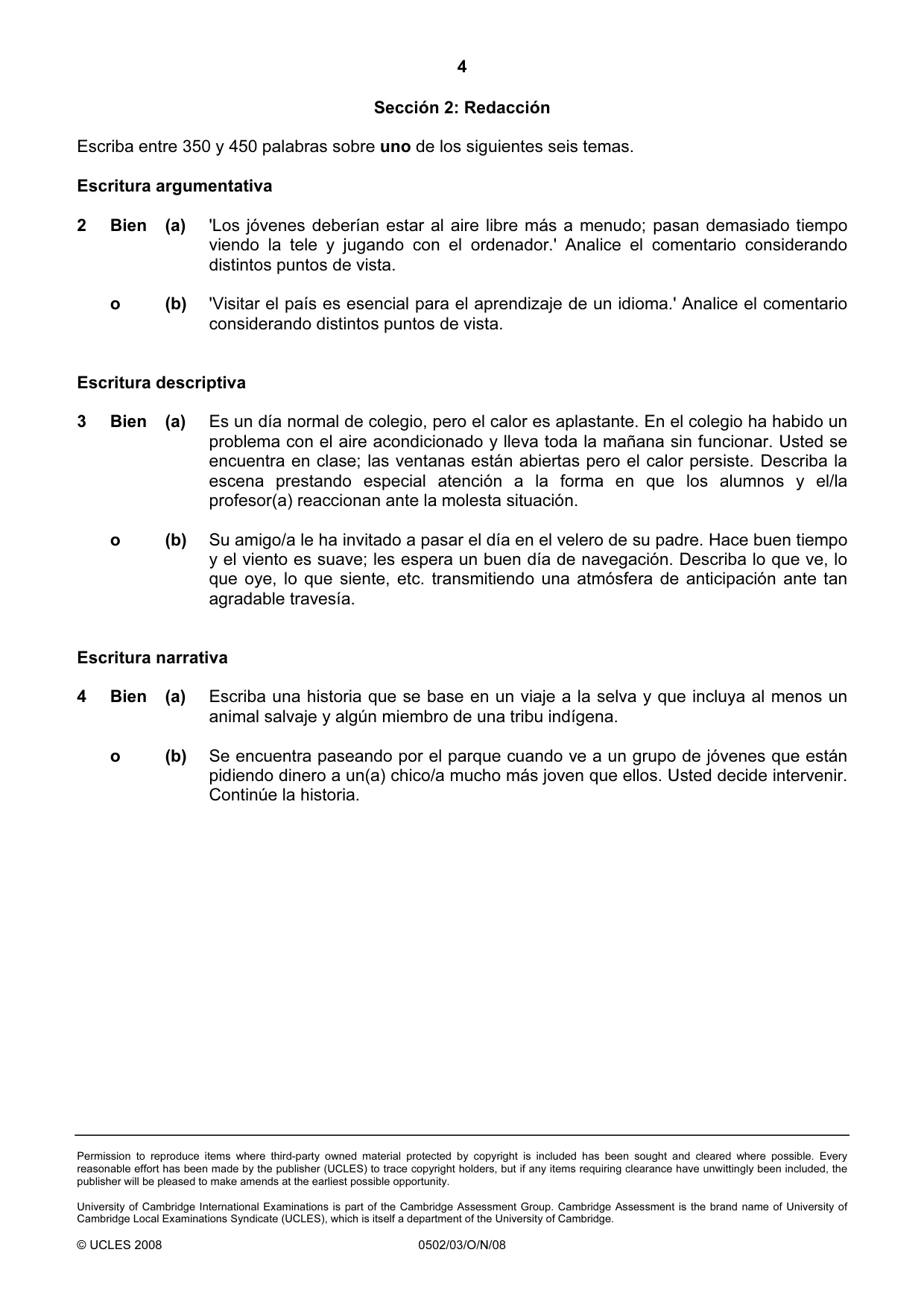 Cambridge IGCSE Spanish - First Language 0502 2008 Oct/Nov Paper 3 · Variant 0 question paper, page 4 of 4