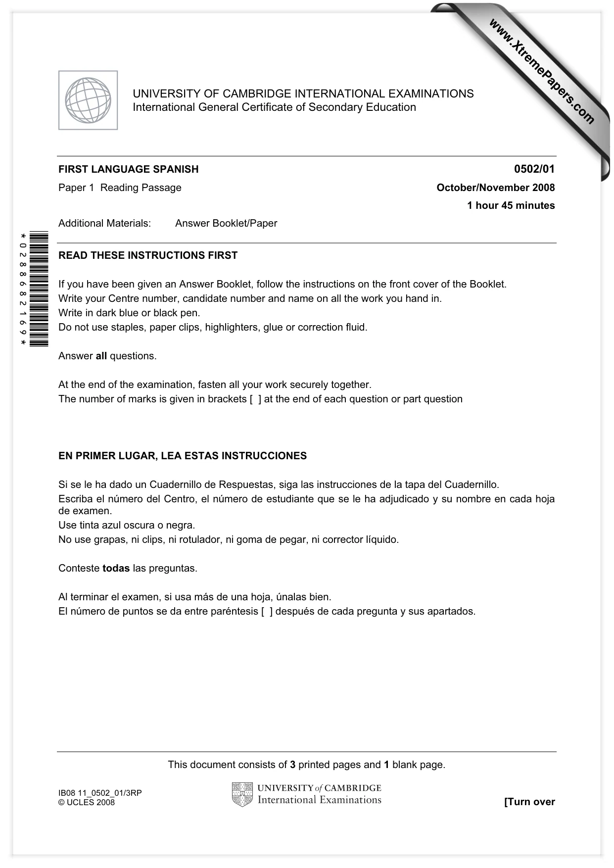 Cambridge IGCSE Spanish - First Language 0502 2008 Oct/Nov Paper 1 · Variant 1 question paper, page 1 of 4