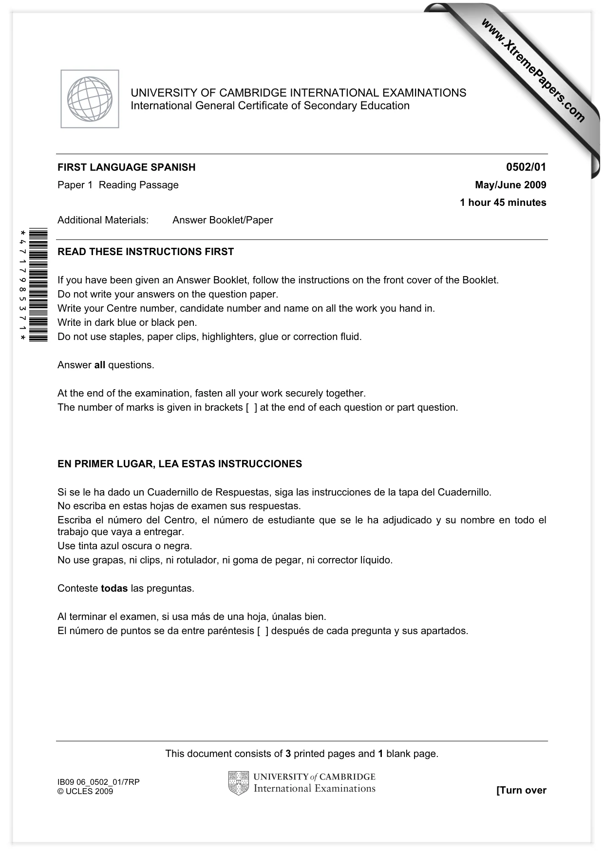 Cambridge IGCSE Spanish - First Language 0502 2009 May/June Paper 1 · Variant 1 question paper, page 1 of 4