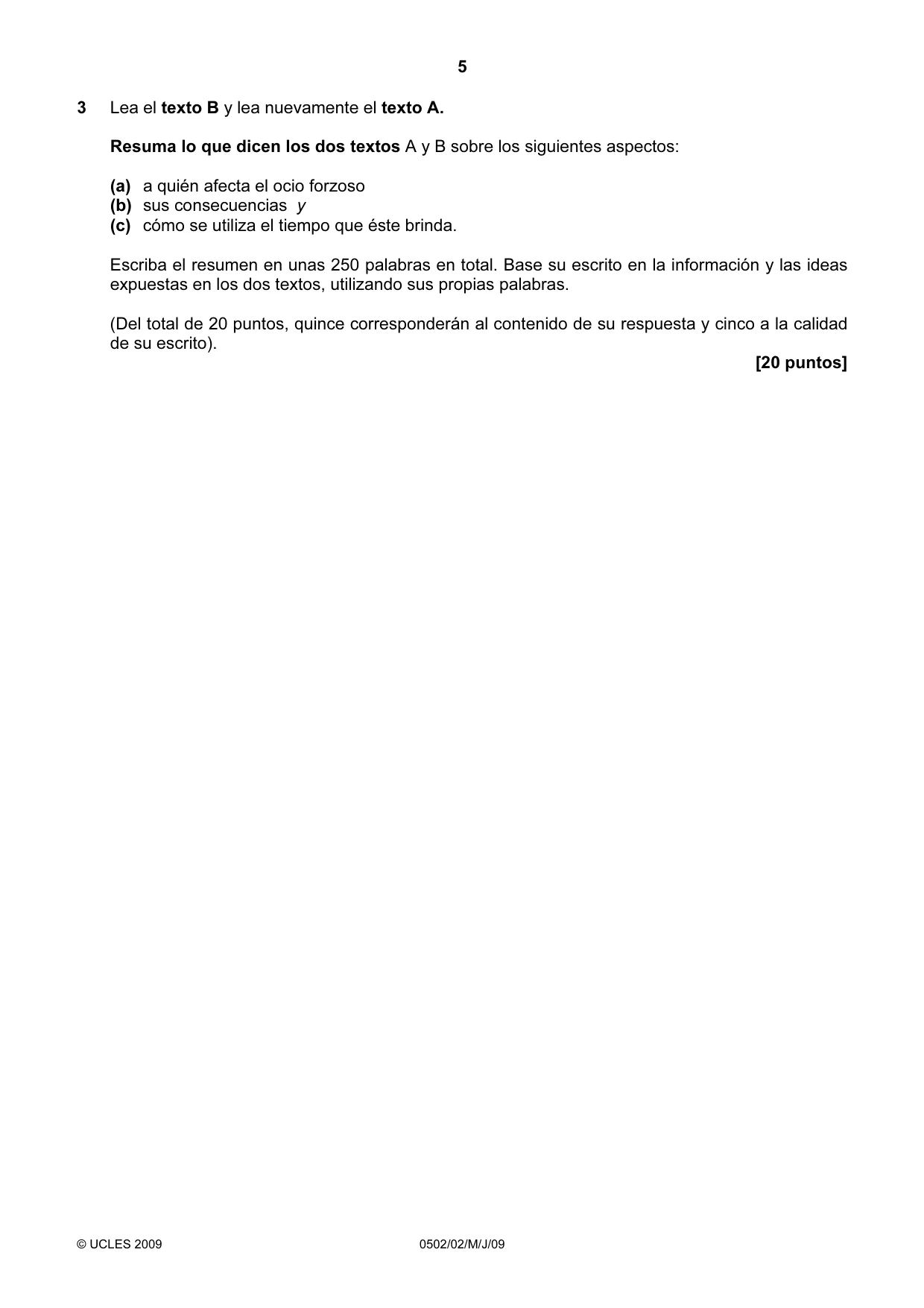 Cambridge IGCSE Spanish - First Language 0502 2009 May/June Paper 2 · Variant 1 question paper, page 5 of 8