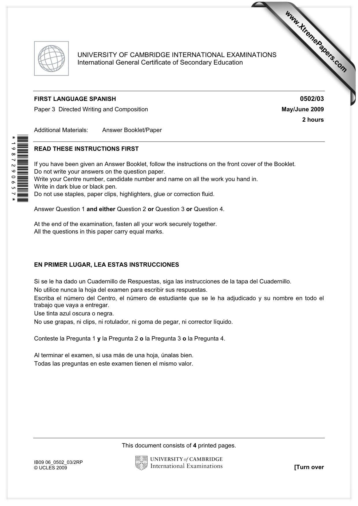 Cambridge IGCSE Spanish - First Language 0502 2009 May/June Paper 3 · Variant 1 question paper, page 1 of 4