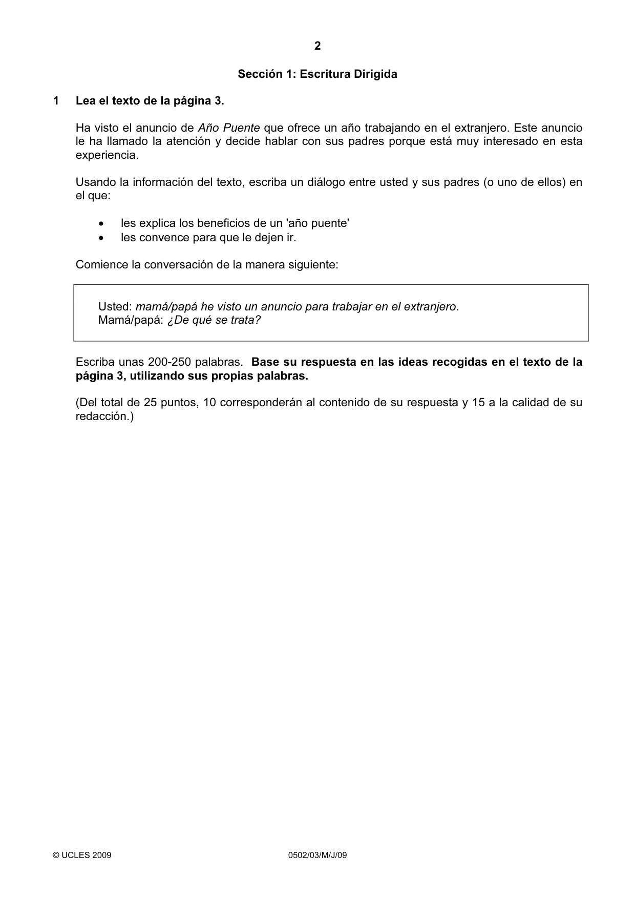 Cambridge IGCSE Spanish - First Language 0502 2009 May/June Paper 3 · Variant 1 question paper, page 2 of 4