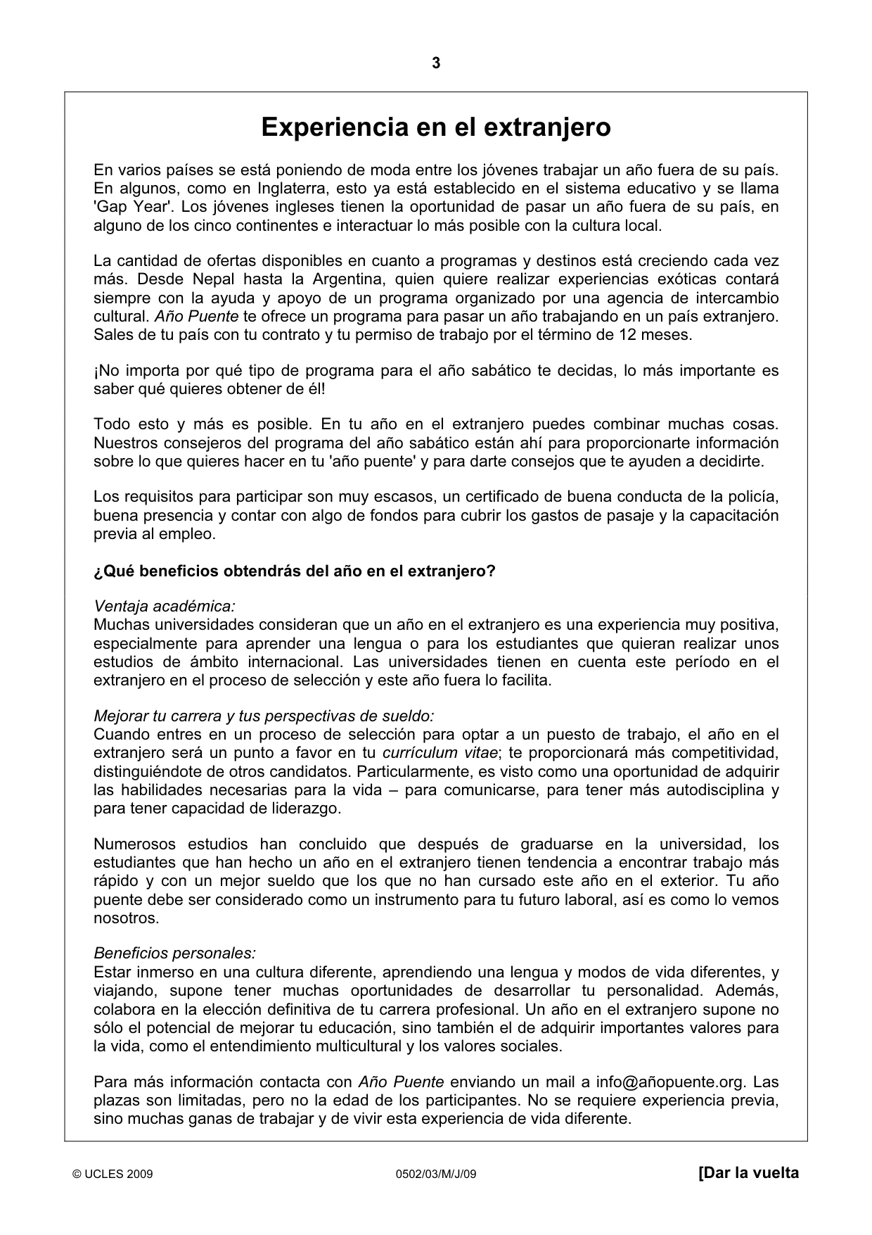 Cambridge IGCSE Spanish - First Language 0502 2009 May/June Paper 3 · Variant 1 question paper, page 3 of 4