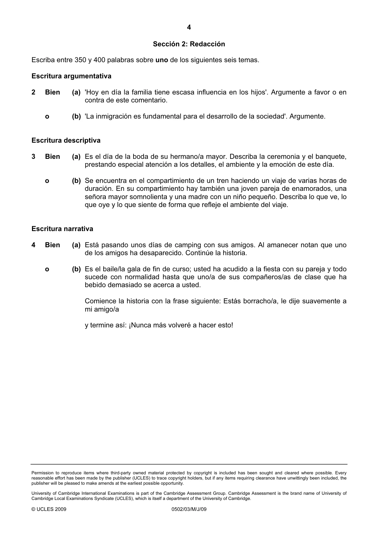 Cambridge IGCSE Spanish - First Language 0502 2009 May/June Paper 3 · Variant 1 question paper, page 4 of 4