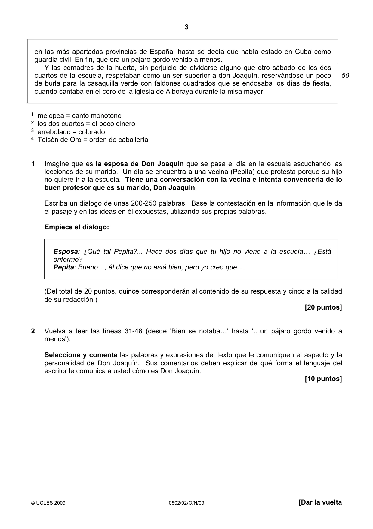Cambridge IGCSE Spanish - First Language 0502 2009 Oct/Nov Paper 2 · Variant 1 question paper, page 3 of 8
