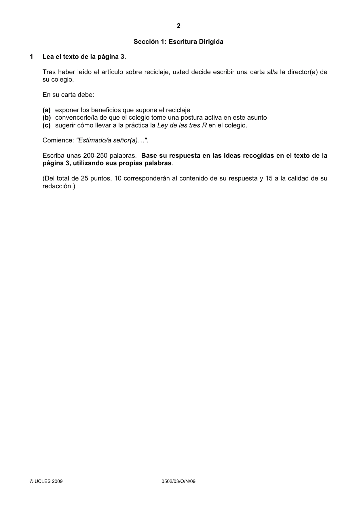 Cambridge IGCSE Spanish - First Language 0502 2009 Oct/Nov Paper 3 · Variant 1 question paper, page 2 of 4
